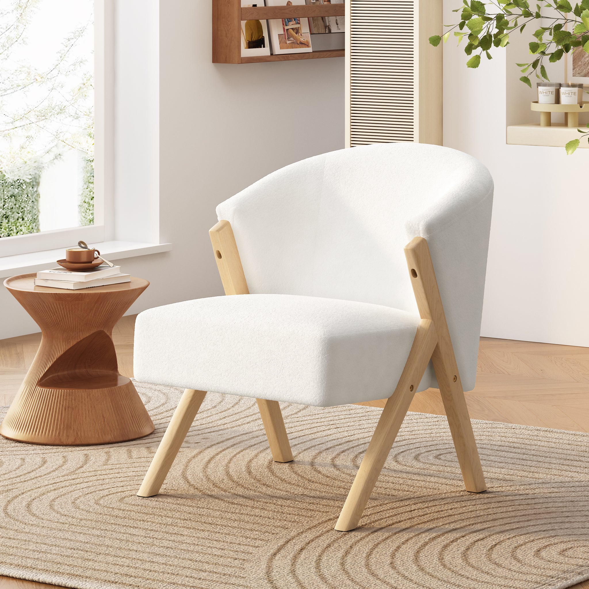 Modern Accent Chair With White Upholstery And Solid Wood Frame, Minima