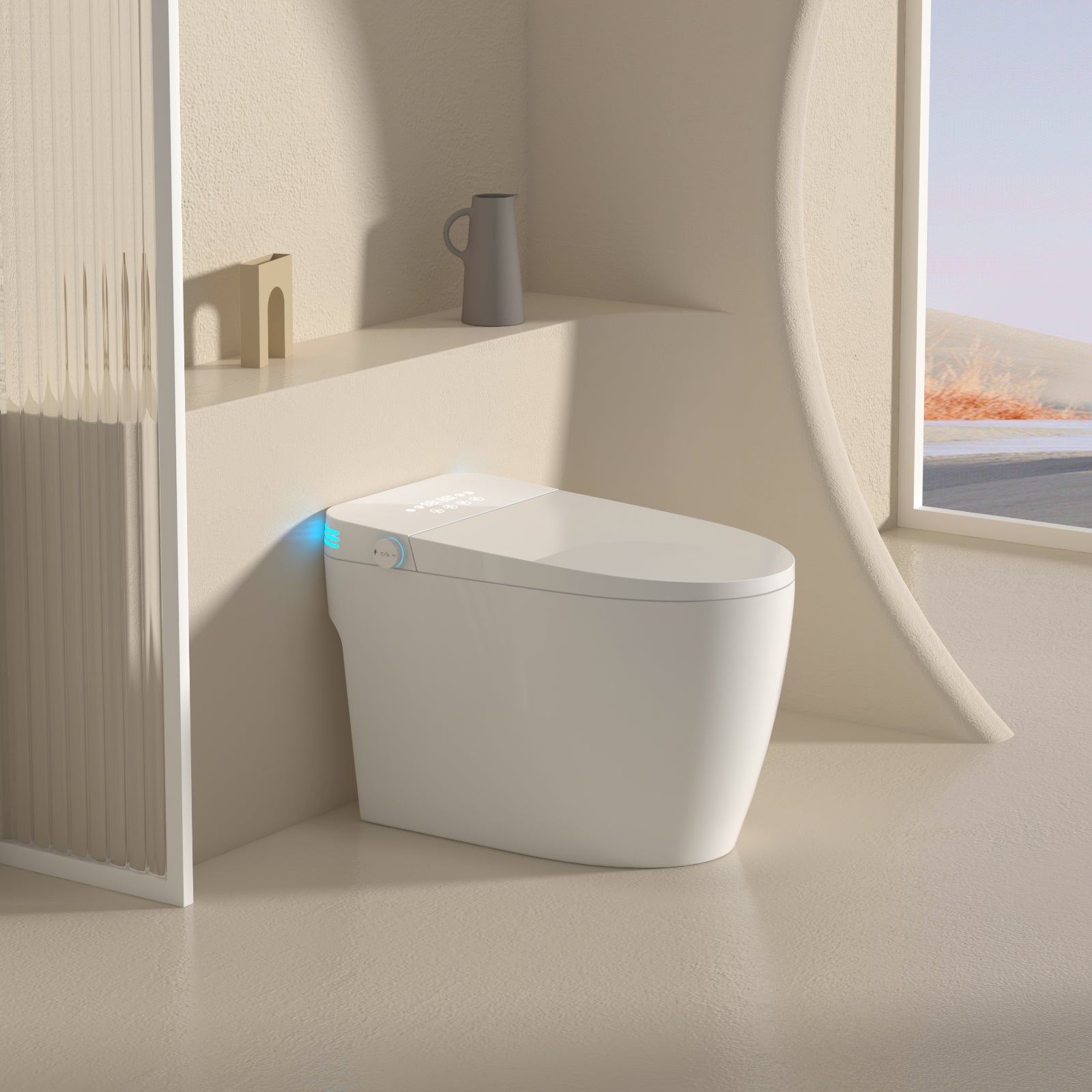 Smart Toilet With Voice Control And Bubble Shield, Heated Bidet Seat, Portable Toilet With Bidet Built In, Auto Open&Close, Toilet With Dryer And Warm Water,Tankless Toilet In 1.28Gpf,White Screen White Bathroom Ceramic