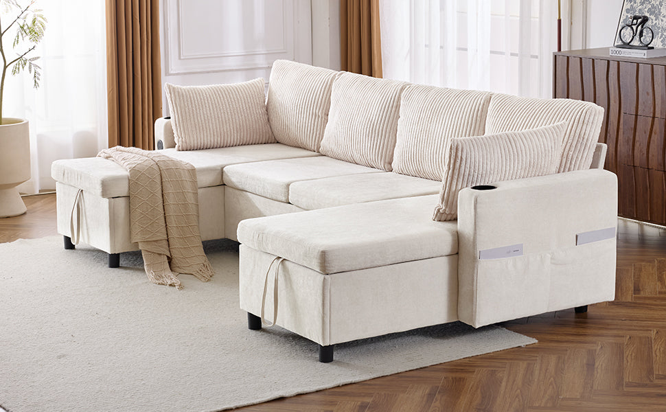 111.8" Sectional Sofa Pull Out Sofa Bed Versatile Sofa Sleeper With Large Storage Space, Two Usb Ports And Two Cup Holders For Living Room, Beige Beige Foam Chenille 4 Seat