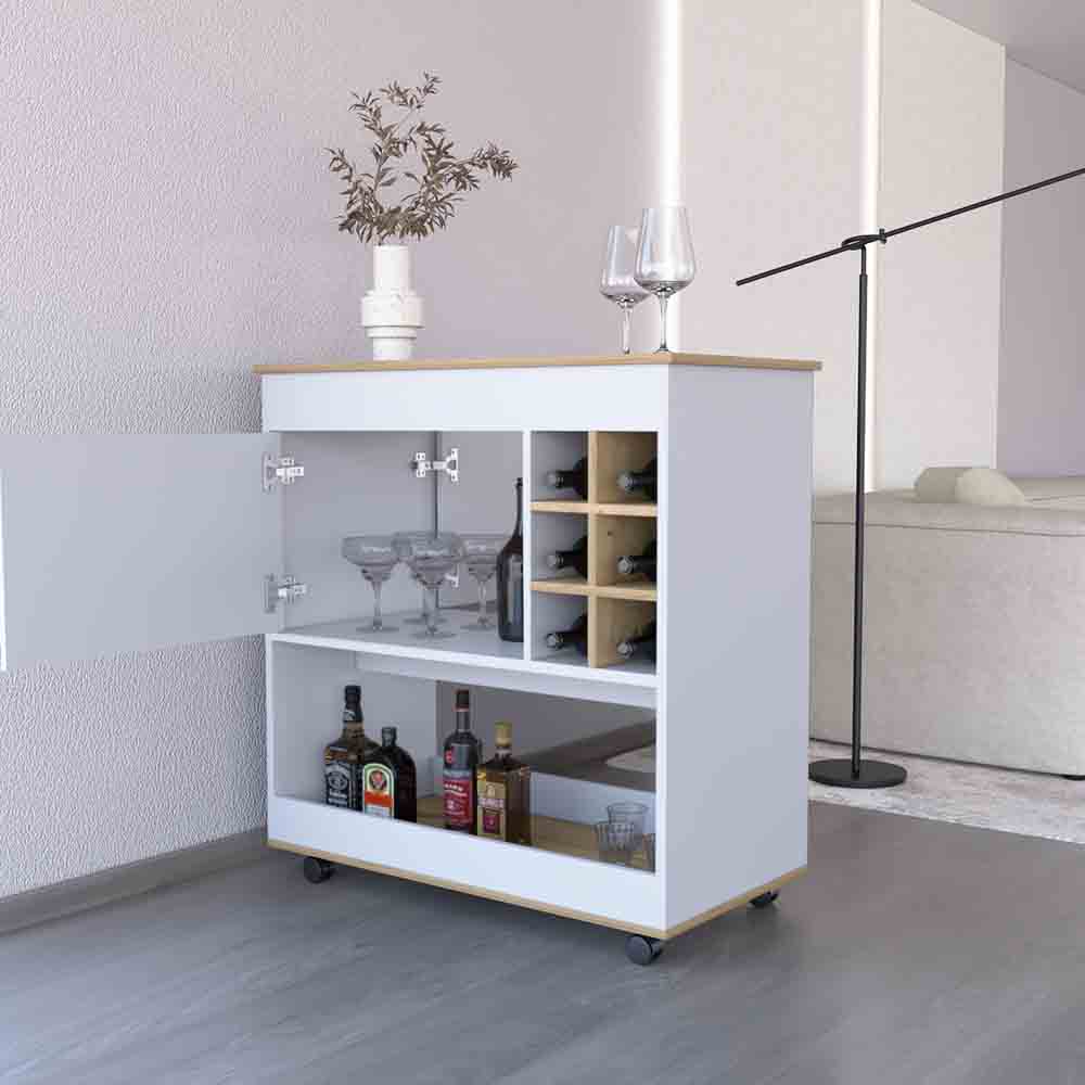 37" H Light Oak White Bar Coffee Cart, Kitchen Or Living Room Cabinet, With 4 Wheels, Central Storage With 2 Doors, Division For 6 Bottles And A Shelf With A Wooden Front On The Bottom. Multicolor