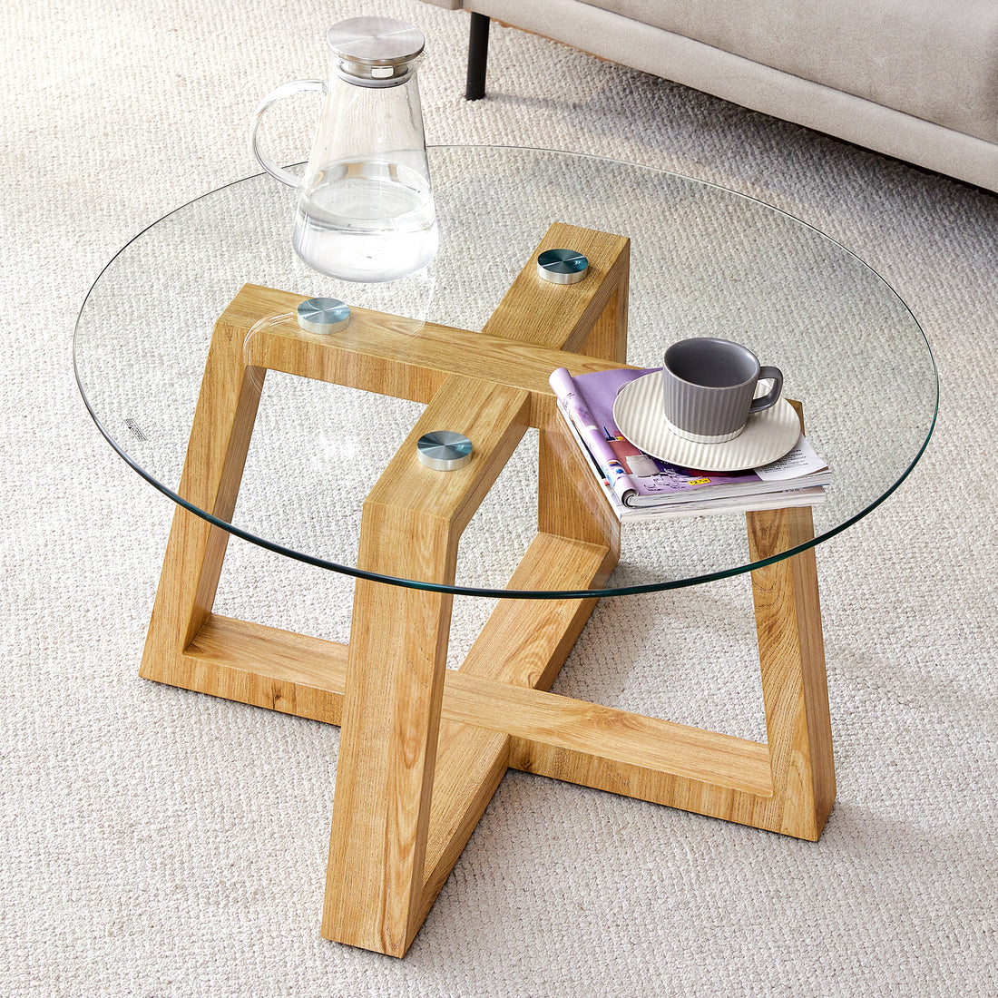 Modern Practical Circular Coffee Tables. Made Of Transparent Tempered Glass Tabletop And Wood Colored Mdf Material. Suitable For Living Rooms And Bedrooms.31.5"*31.5"*17.7" Transparent Glass