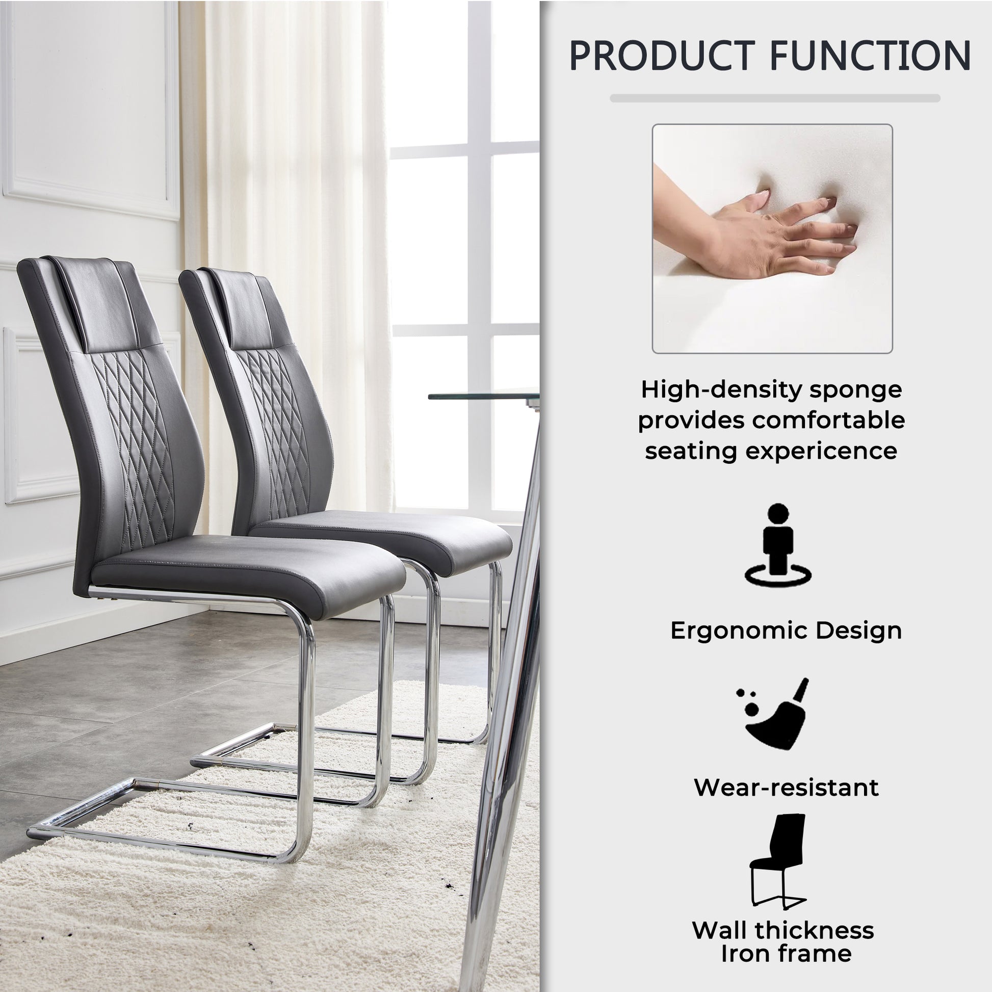 Table And Chair Set.Modern Dining Table, Tempered Glass Countertop With Artistic Mdf Legs.Paried With 6 Comfortable Chairs With Pu Seats And Metal Legs. Suitable For Various Decoration Styles. Gray,Transparent Seats 6 Mdf Glass