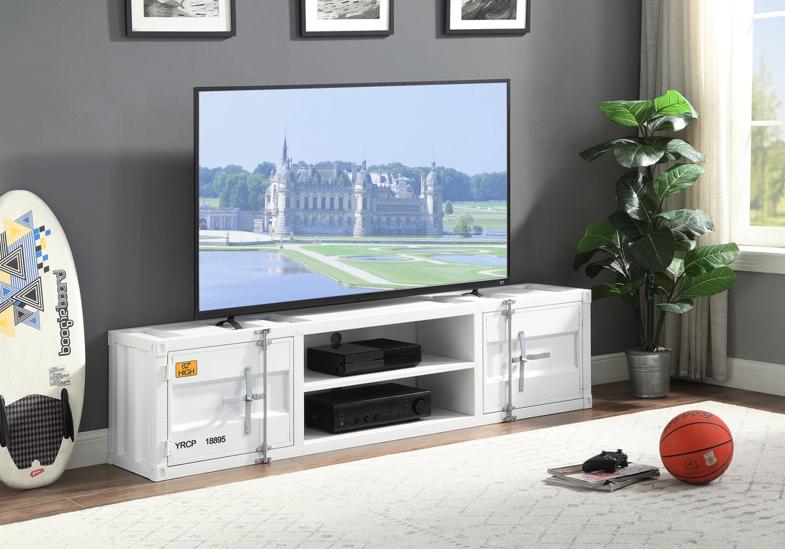 White 2 Door 2 Shelf Tv Stand With Container Lock White Primary Living Space 70 Inches 70 79 Inches 70 Inches Iron