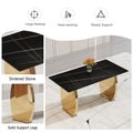 Table And Chair Set,Modern Rectangular Table With 0.4 Inch Black Patterned Tabletop And Gold Legs, Suitable For Kitchen, Dining Room, And Living Roomcomfortable Pu Seats,Perfect For Dinner, Meet White Black Seats 6 Sintered Stone