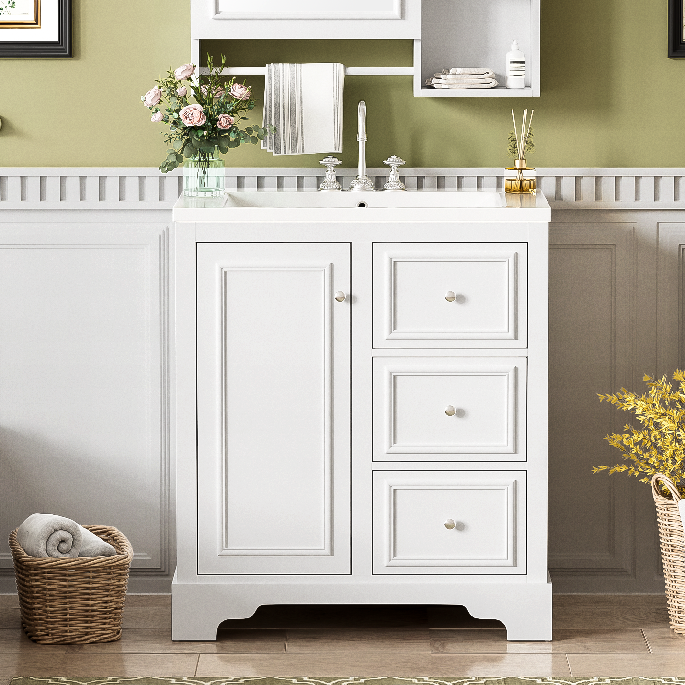 30 Inch Bathroom Vanity Cabinet With Ceramic Basin, 3 Drawers And Adjustable Shelves White Bathroom Solid Wood Mdf