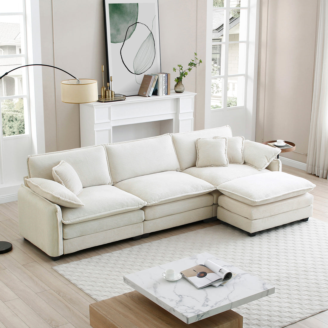 Oversize 3 Seater Sofa With One Footrest, L Shaped Sectional Sofa With Ottoman For Living Rooms, White Corduroy Sofa White Corduroy 3 Seat