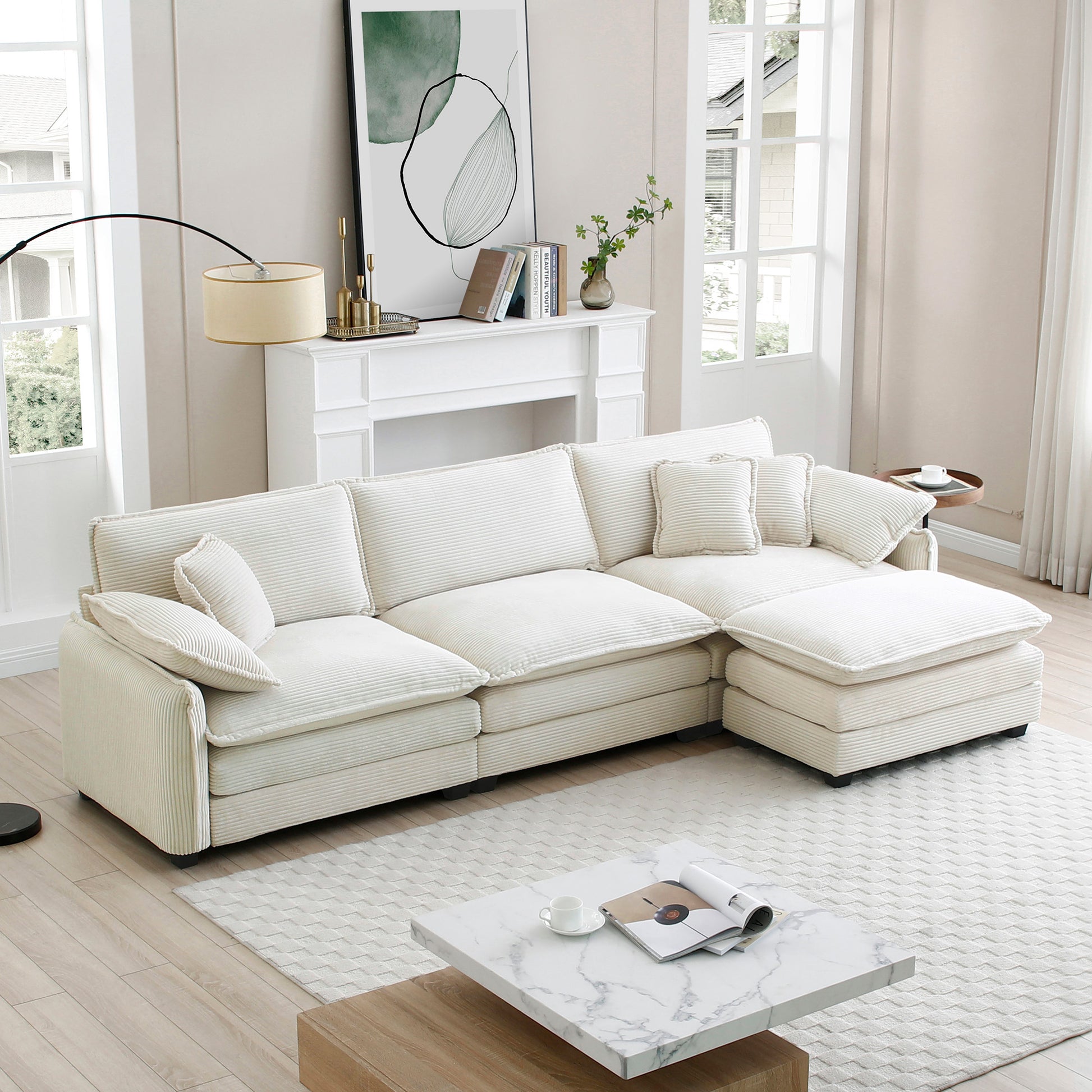 Oversize 3 Seater Sofa With One Footrest, L Shaped Sectional Sofa With Ottoman For Living Rooms, White Corduroy Sofa White Corduroy 3 Seat