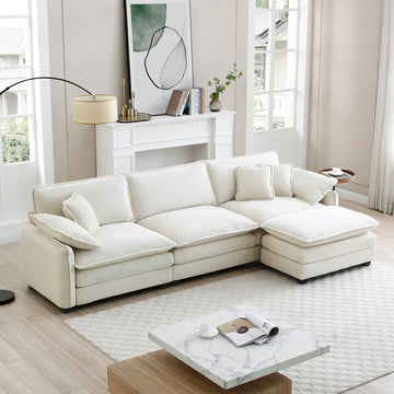 Oversize 3 Seater Sofa With One Footrest, L Shaped Sectional Sofa With Ottoman For Living Rooms, White Corduroy Sofa White Corduroy 3 Seat
