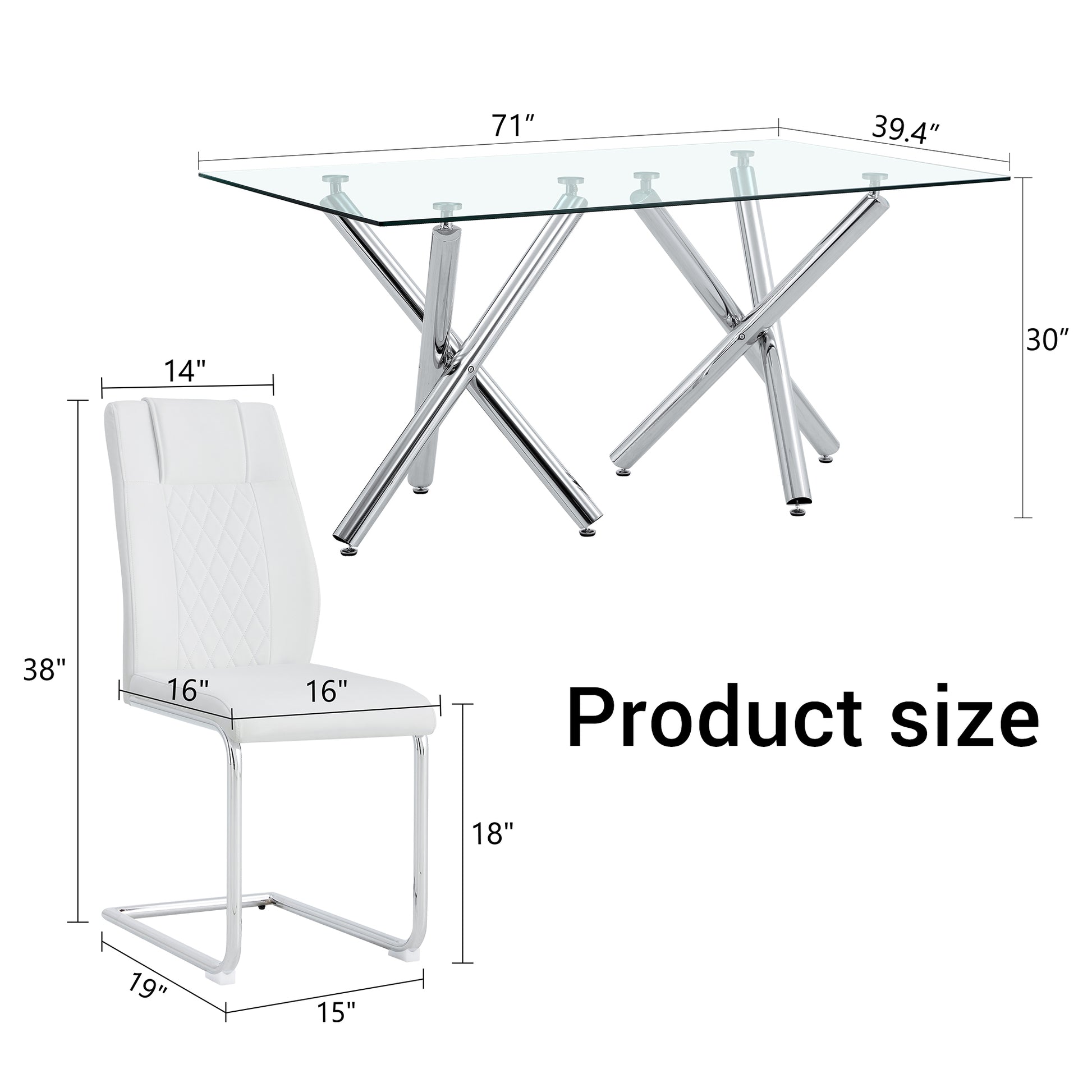 Table And Chair Set.Large Minimalist Rectangular Glass Dining Table For 6 8 With 0.39" Tempered Glass Tabletop And Silver Chrome Metal Legs.Paried With Comfortable Chairs With Pu Seats And Metal Legs. Silver Seats 6 Glass Metal