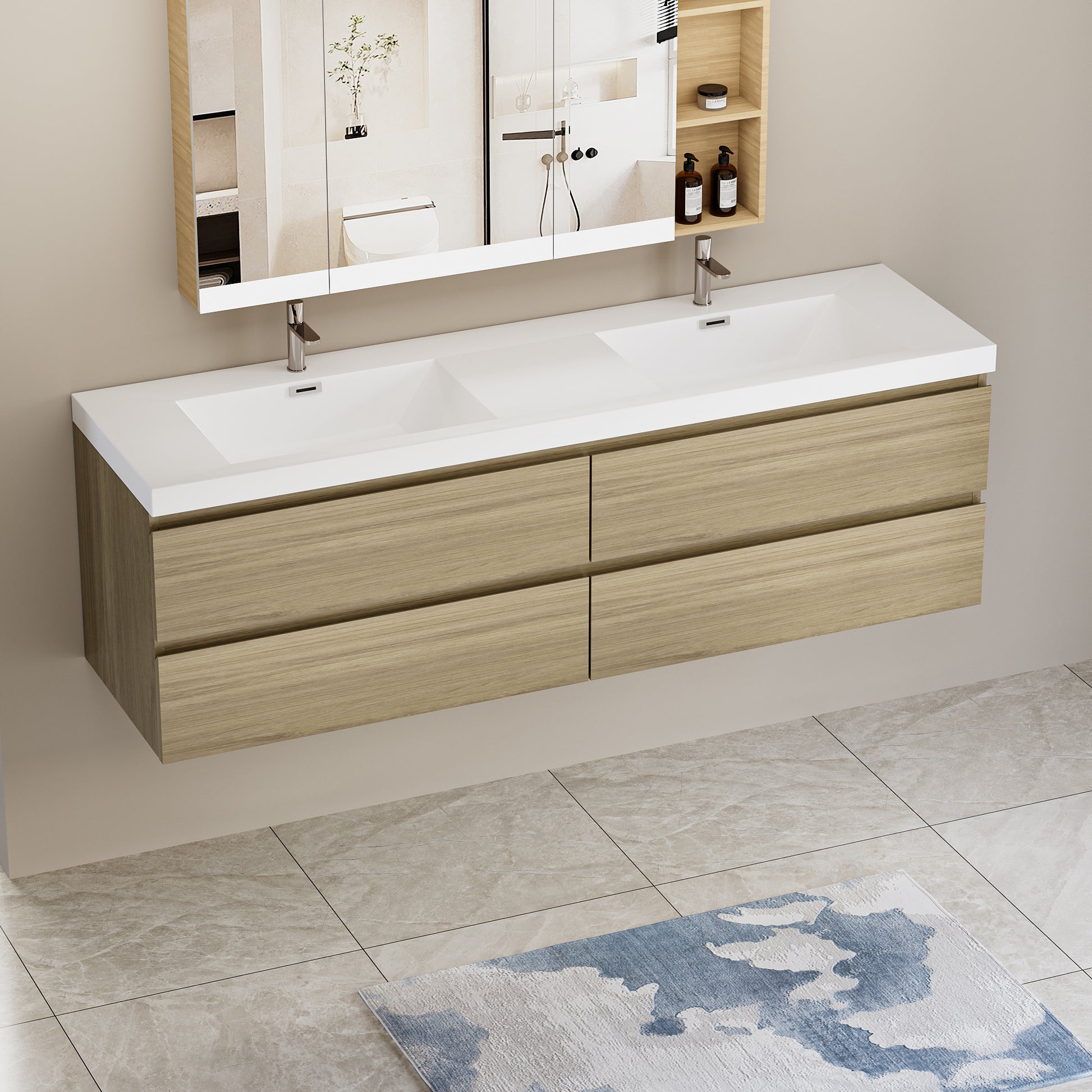 72" Floating Bathroom Vanity with Sink, Modern Wall 4+-oak-wall mounted-melamine