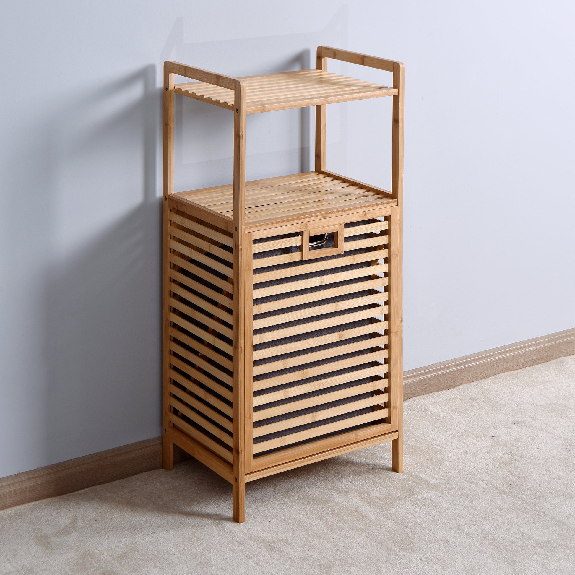 Bathroom Laundry Basket Bamboo Storage Basket With 2 Tier Shelf 17.32 X 13 X 37.8 Inch Natural Bamboo