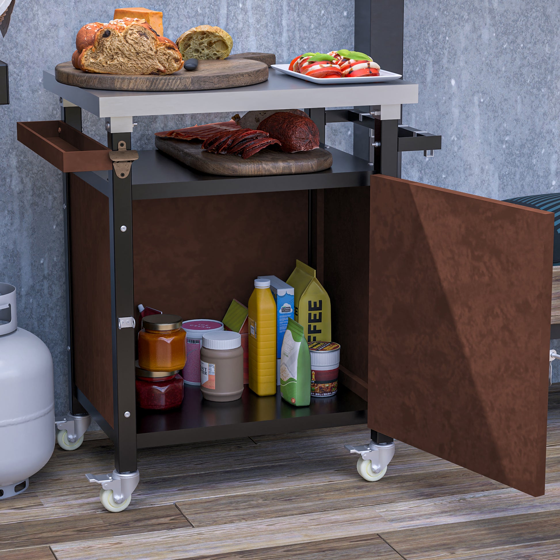 Outdoor Grill Cart With Stainless Steel Tabletop, Storage, Patio Kitchen Island With Wheels, Hooks, And Spice Rack, Waterproof Outdoor Grill Table, Movable Bbq Serving Cart Rolling Bar Cart Brown