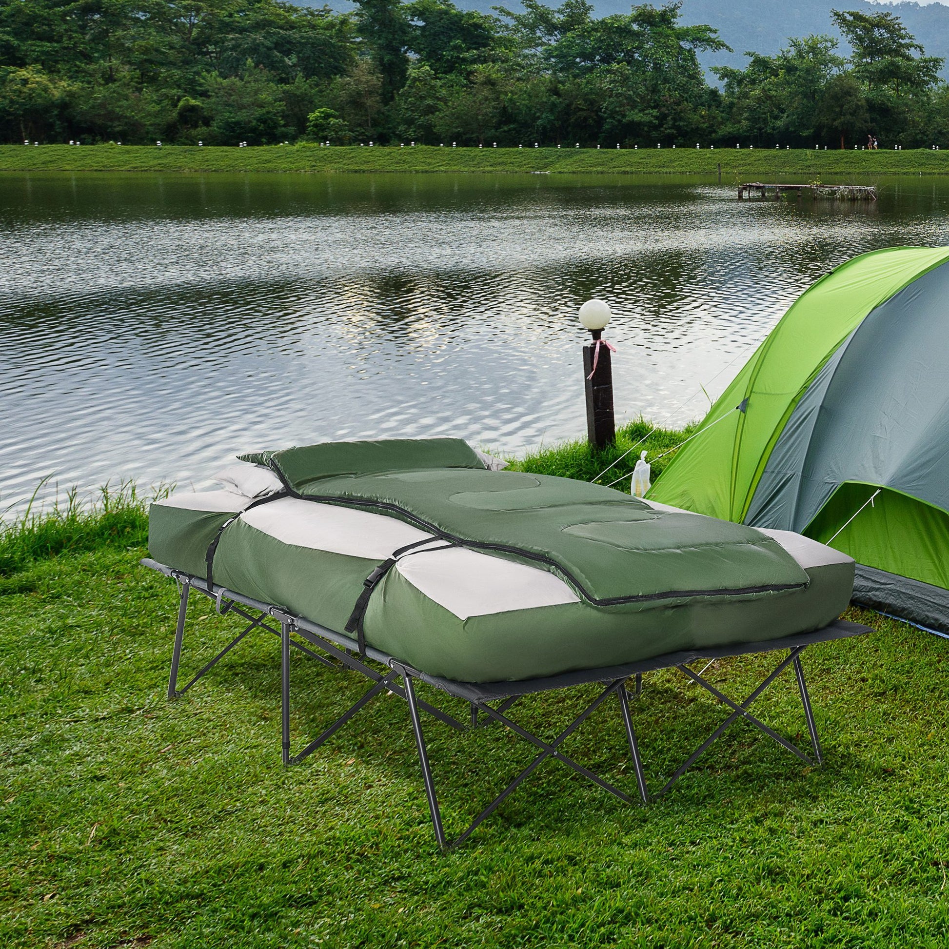 Outsunny 2 Person Folding Camping Cot Portable Outdoor Bed Set With Sleeping Bag, Inflatable Air Mattress, Comfort Pillows And Carry Bag, Soft And Comfortable For Outdoor Travel Camp Beach Vacation Green Polyester