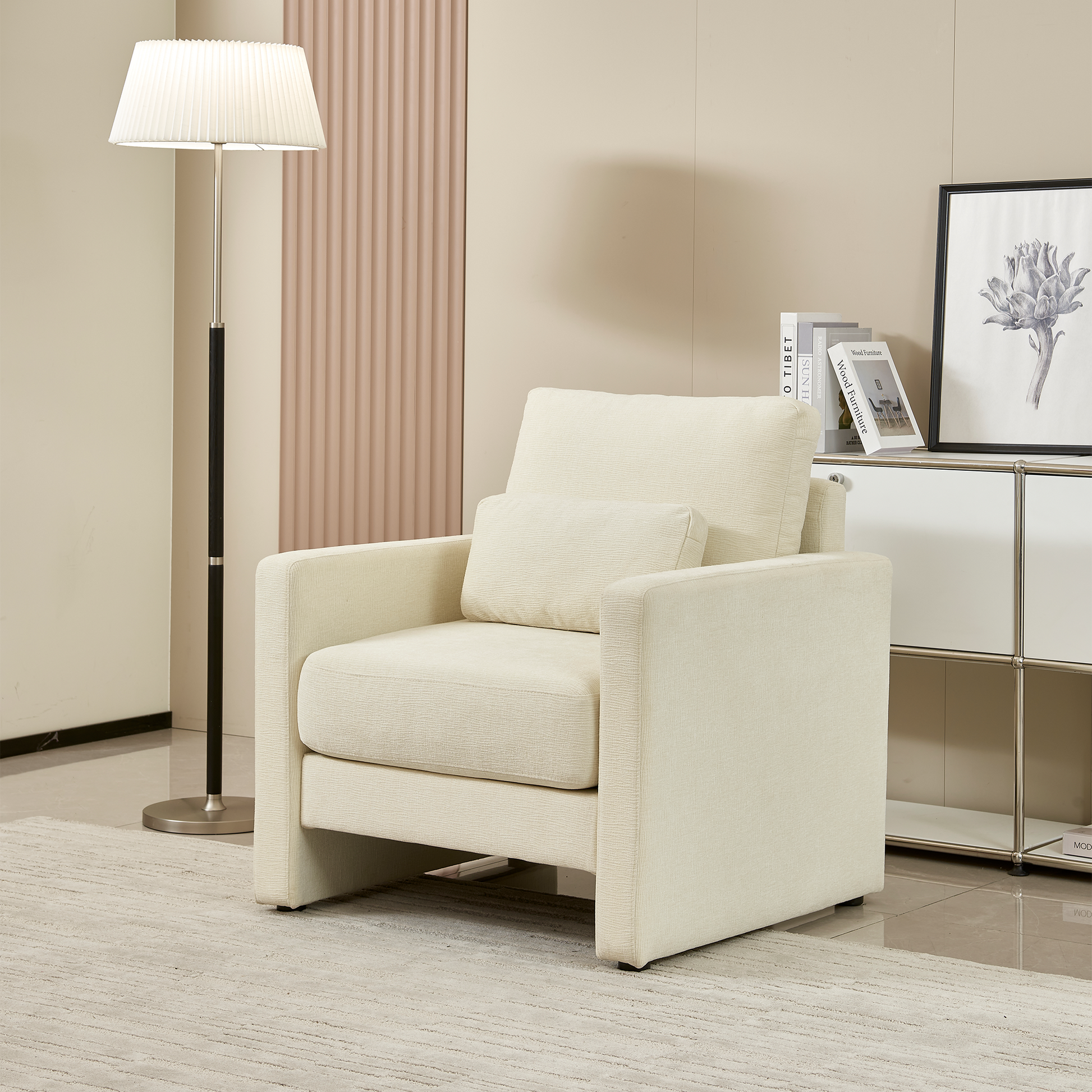 Modern Accent Chair, Chenille Upholstery Armchair Modern Style, Solid Wood Frame Ideal For Living Room, Bedroom, Office Beige Wood Foam Chenille 1 Seat