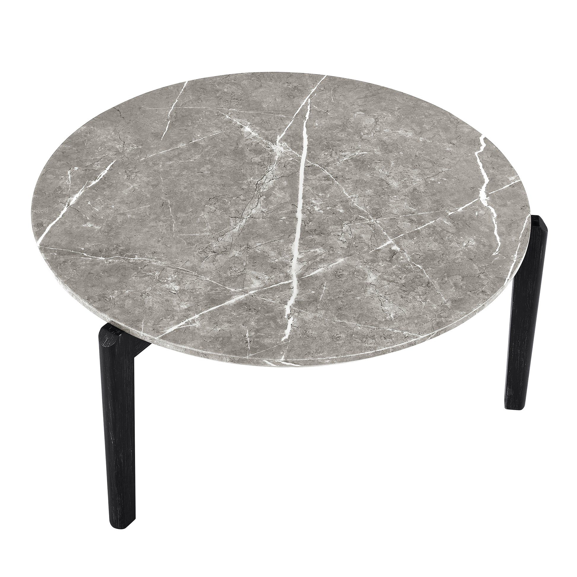 Living Room Coffee Table: Modern And Stylish 36 Inch Round Small Coffee Table, Imitation Marble Tabletop With Rubber Wood Solid Wood Legs, Wooden Coffee Table, Living Room, Office, Home Black Gray