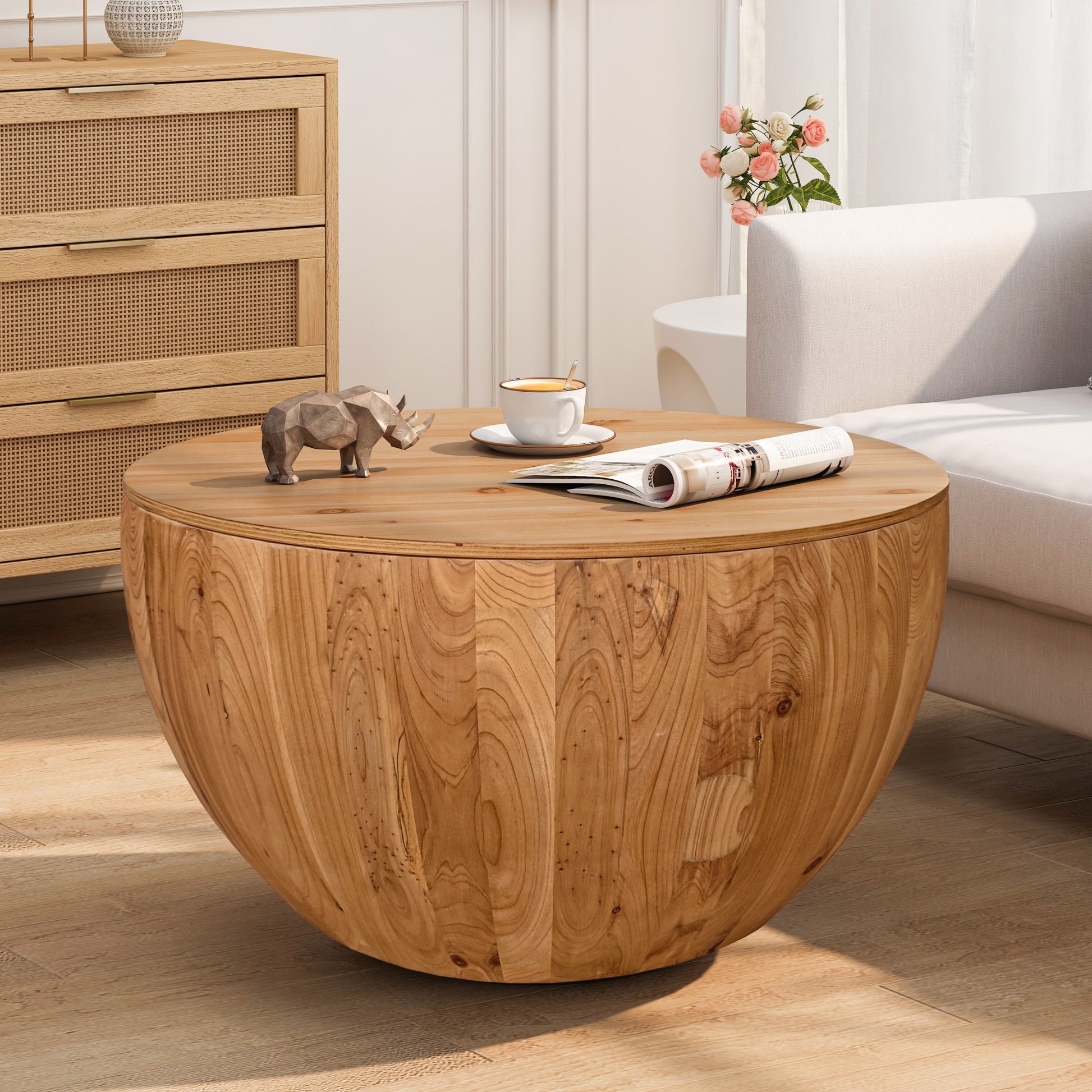 31.50"Vintage Style Bucket Shaped Coffee Table For Office, Dining Room And Living Room Same Sku:W75770648 Natural Solid Wood Mdf