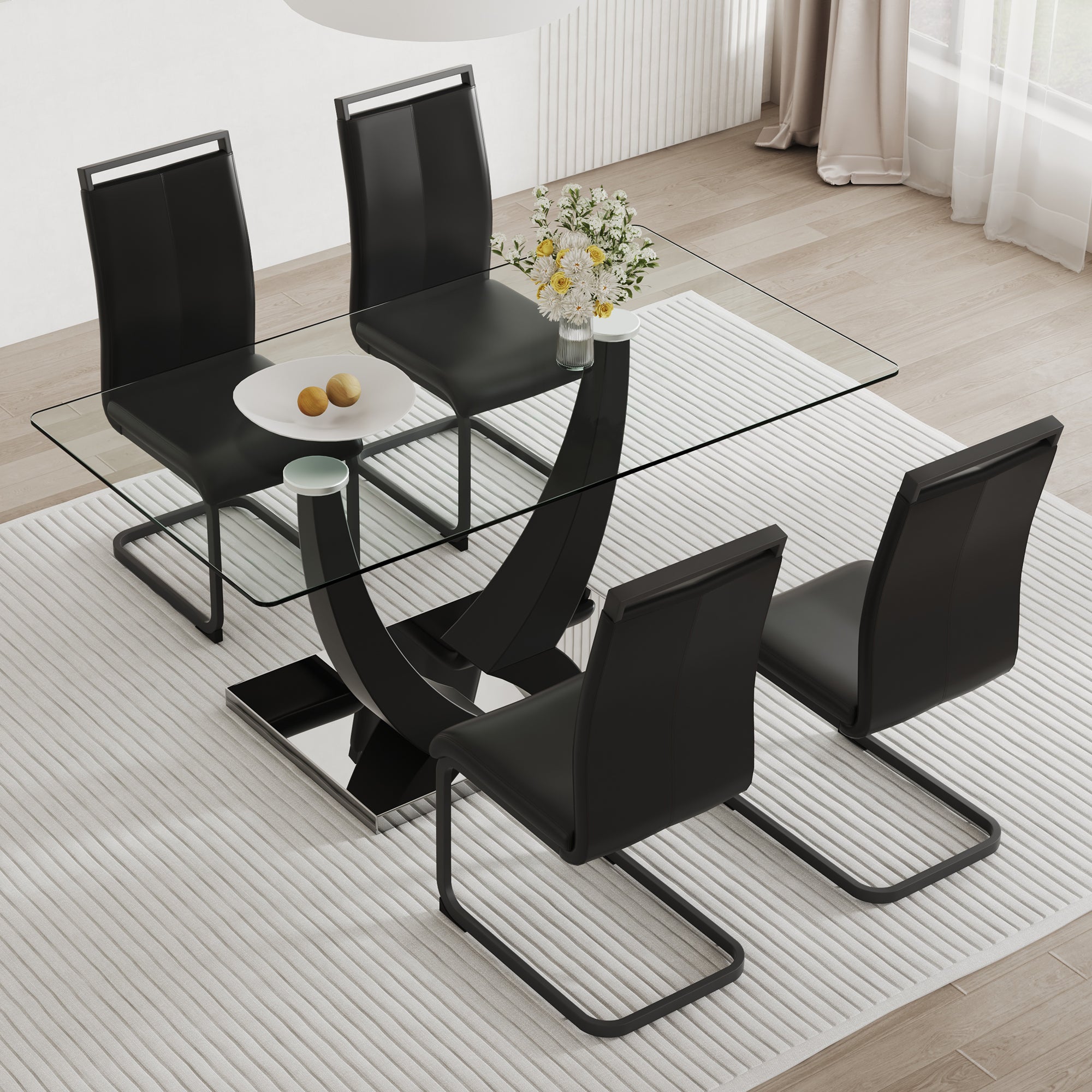 Table And Chair Set.Large Rectangular Glass Dining Table, 0.39 "Tempered Glass Countertop And Black Metal Shaped Bracket.Comes With Chairs With Faux Leather Cushions.Suitable For Kitchen, Dining Room. Black Seats 4 Glass Metal