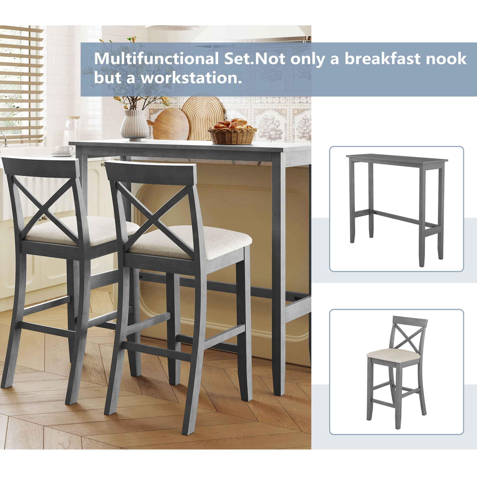 Farmhouse 48"Rectangular Wood Bar Height Dining Set Kitchen Breakfast Nook With 2 Chairs For Small Places,Gray Gray Wood Dining Room Solid Wood Acacia Rectangular Dining Table With Chair Upholstered Chair Wood Gray Solid Back Seats 2 48 Inches Farmhouse