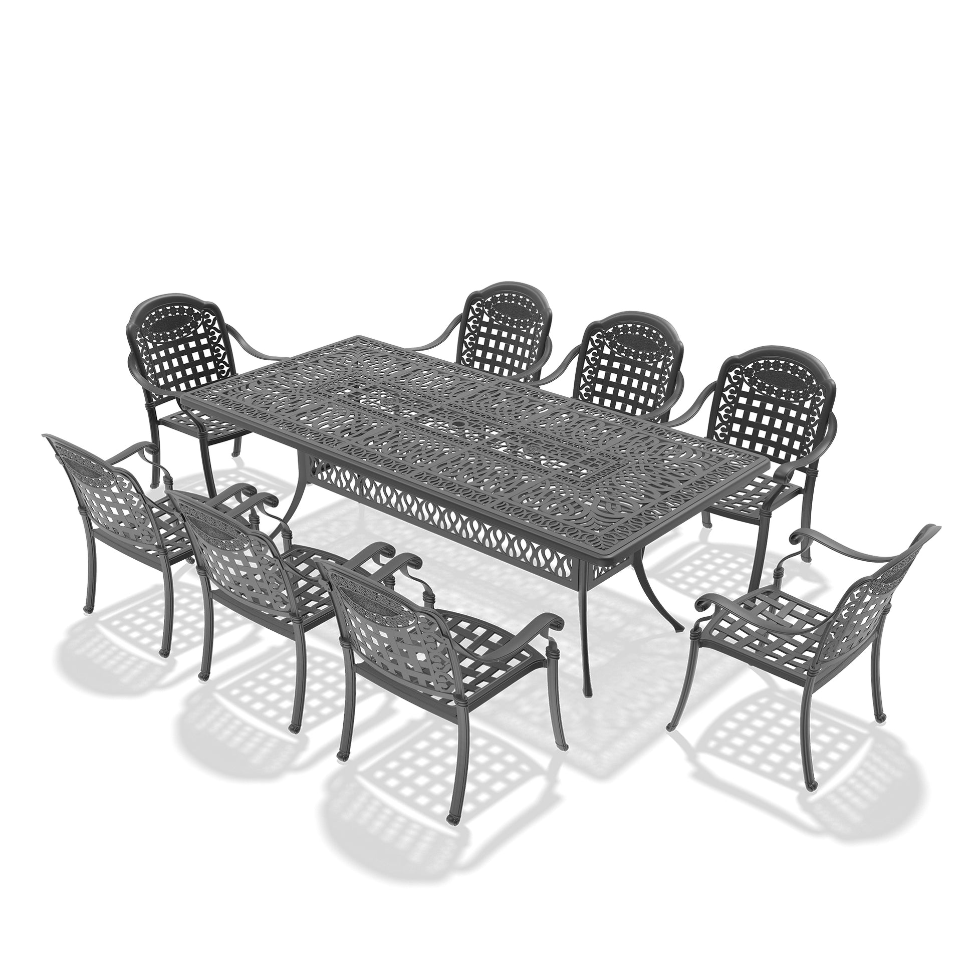 Cushions In Random Colors 9 Piece Set Of Cast Aluminum Patio Furniture With Cushions Yes Dining Set Black Seats 8 Rust Resistant Frame Water Resistant Cushion Garden & Outdoor Complete Patio Sets Aluminium