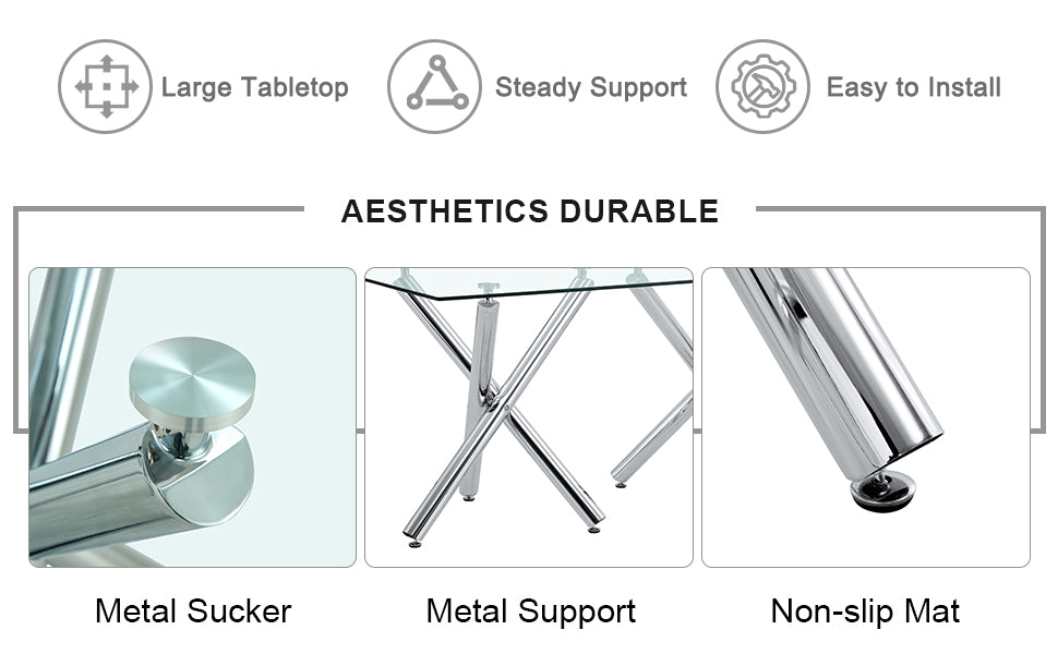 Table And Chair Set.Large Minimalist Rectangular Glass Dining Table For 6 8 With 0.39" Tempered Glass Tabletop And Silver Chrome Metal Legs.Paried With Comfortable Chairs With Pu Seats And Metal Legs. Silver Seats 8 Glass Metal