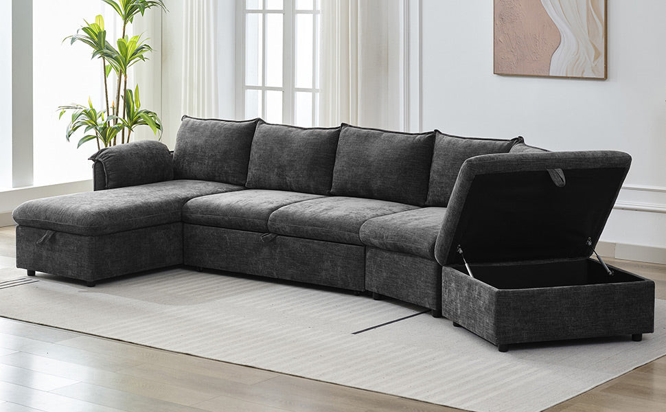 146.9" L Shaped Sofa Sectional Sofa Couch Pull Out Sofa Bed With A Movable Storage Ottoman, A Storage Chaise Lounge And Two Usb Ports For Living Room, Grey Grey Foam Linen 5 Seat