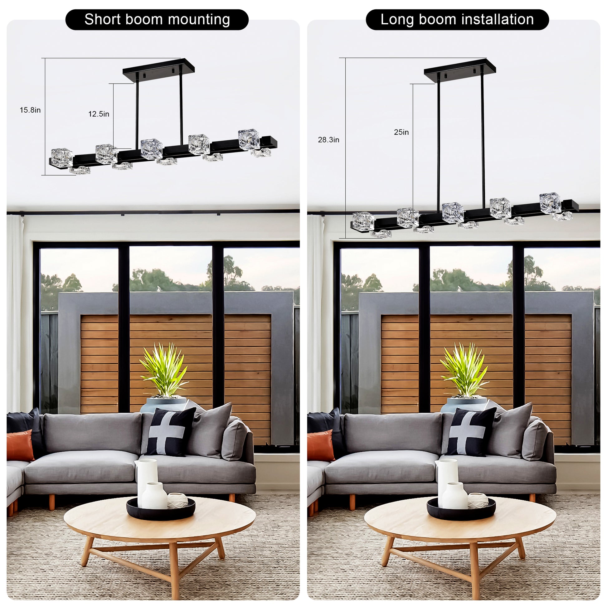 Rectangle Chandelier For Dining Room, 8 Light Black Farmhouse Linear Pendant Light Fixture, Modern Crystal Hanging Lighting Chandelier For Lobby, Kitchen, Bedroom, Living Room, Conference Room, Home