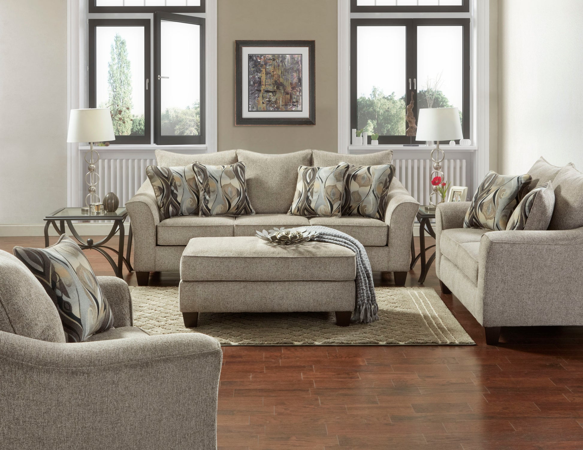 Camero Fabric 4 Piece Neutral Textured Living Room Sofa Set Gray Espresso Polyester Wood Primary Living Space Pillow Back Flared Arms Polyester 6 Seat