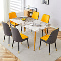 Modern Minimalist Dining Table. White Imitation Marble Pattern Sintered Stone Desktop With Golden Metal Legs.62.2