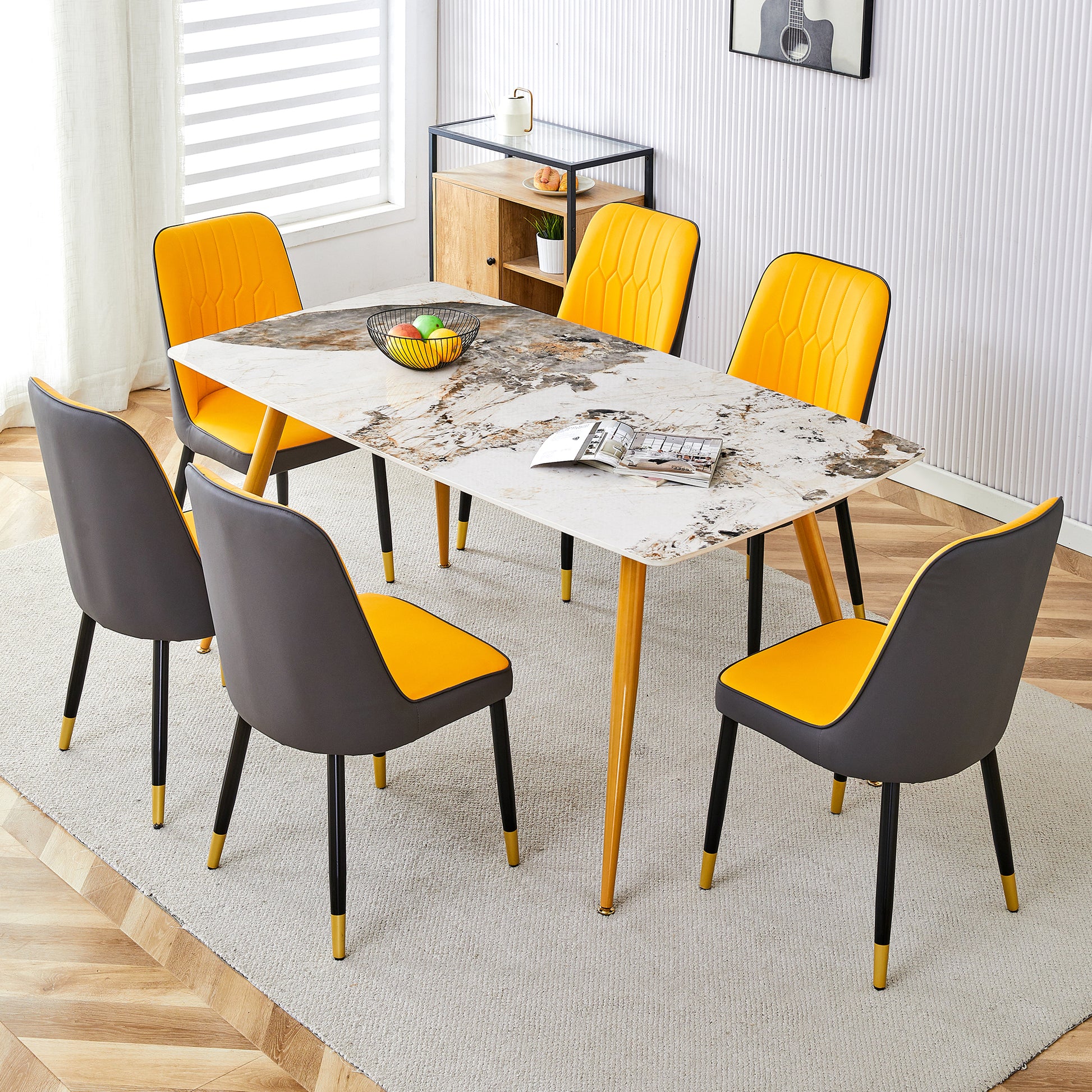 Modern Minimalist Dining Table. White Imitation Marble Pattern Sintered Stone Desktop With Golden Metal Legs.62.2"*34.6"*30" F 001 Gold Sintered Stone