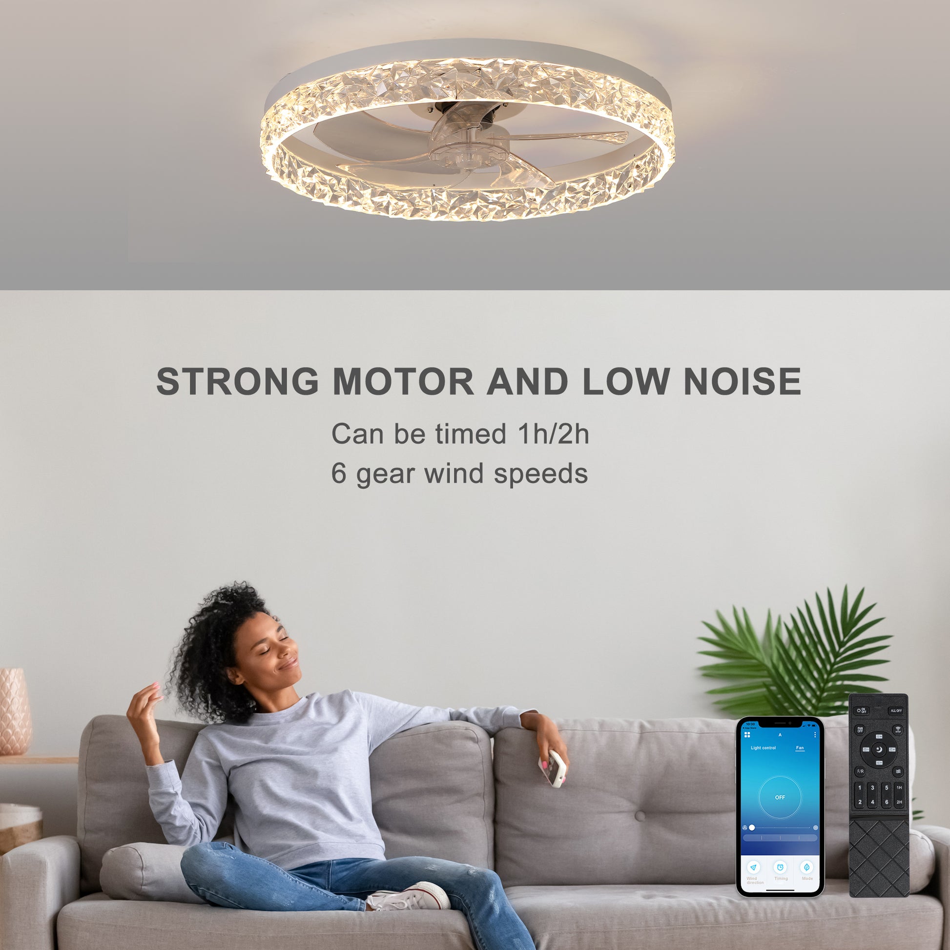 Modern Acrylic Ceiling Fan Light With Remote Control, Dimmable Led Chandelier, 6 Speed Adjustable, Quiet Motor, Flush Mount Design For Living Room, Bedroom, Dining Room White Abs Acrylic