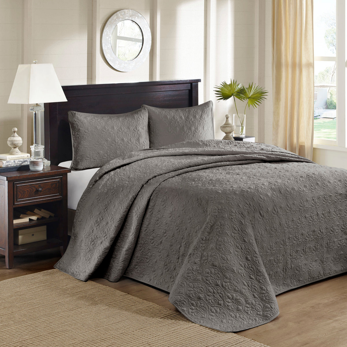 Reversible Bedspread Set Dark Grey Queen Dark Grey Cotton