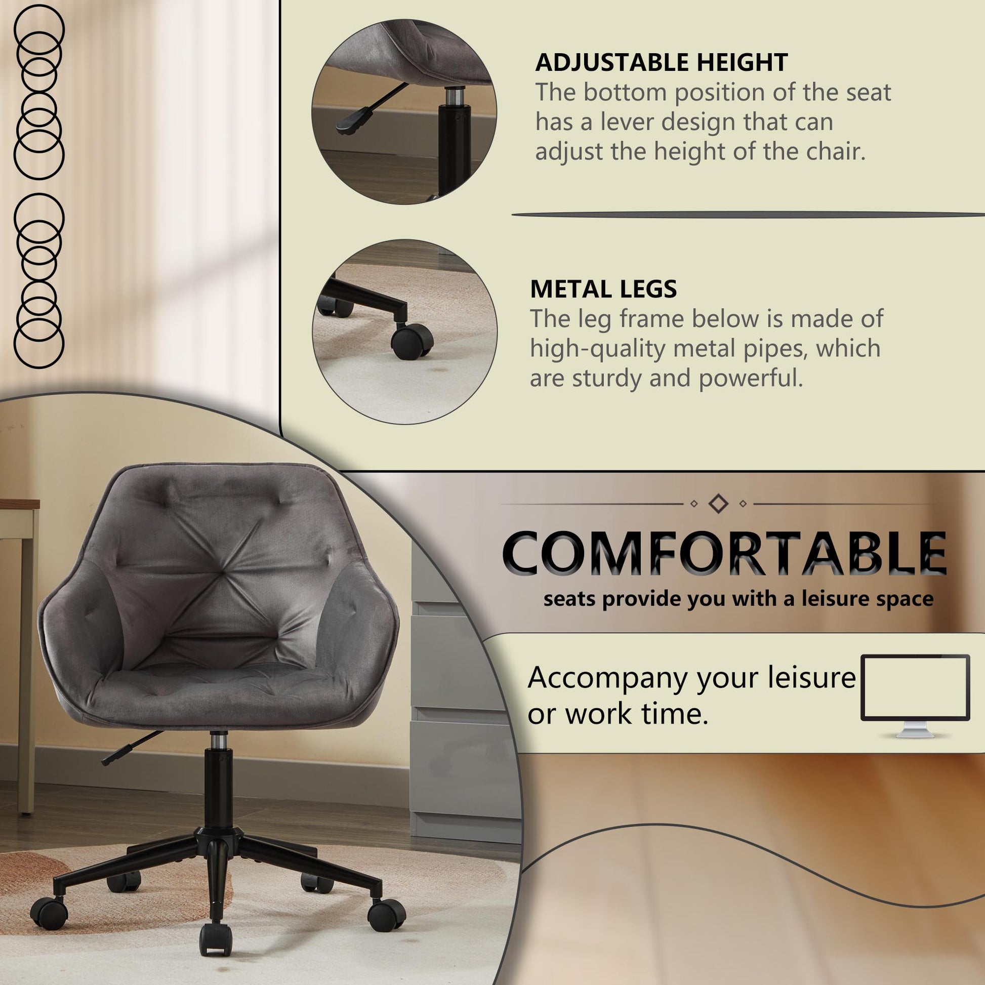 Velvet Home Office Chair, Modern Home Desk Chair With Wheelsvanity Chairs For Living Room, Bedroom,Study Room,Computer Chair Grey Fiber Foam And Polyester Fiber Pad Iron