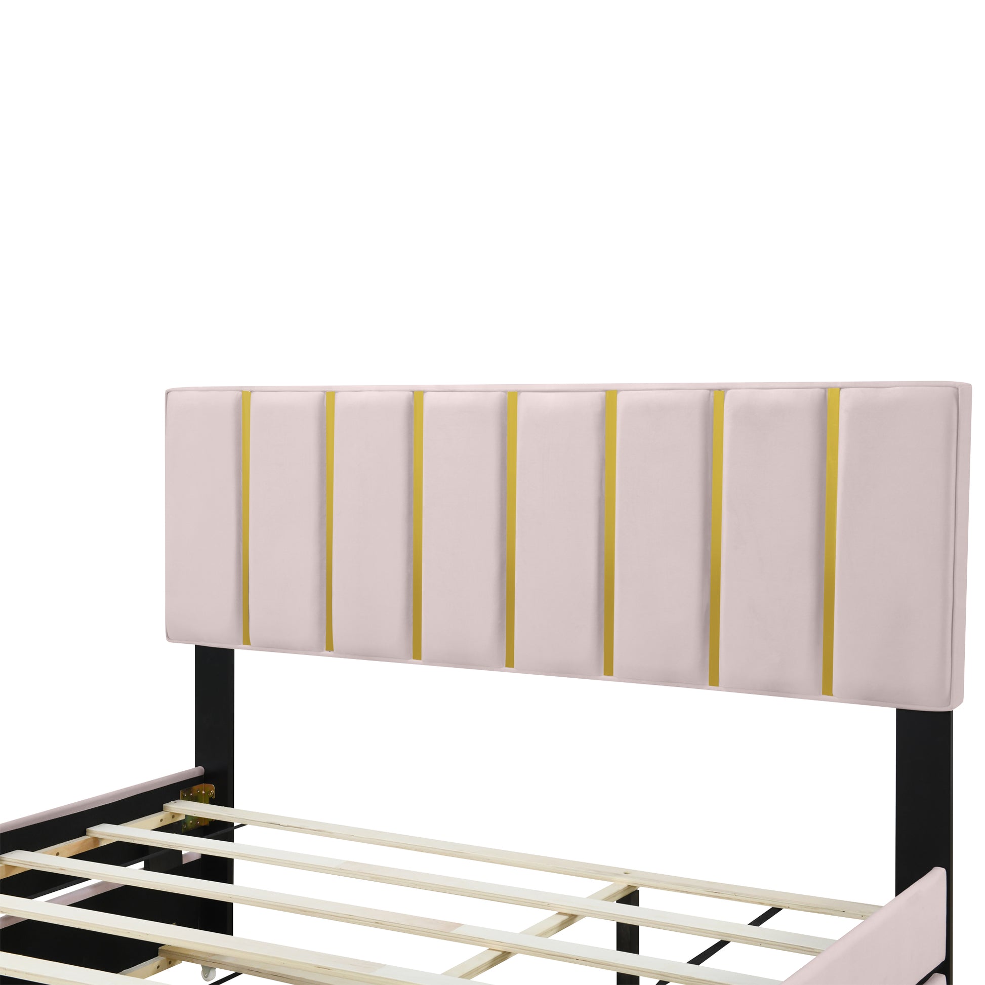 Queen Size Upholstered Platform Bed With 2 Drawers And 1 Trundle, Classic Metal Strip Headboard Design, Pink Queen Pink Mdf Lvl