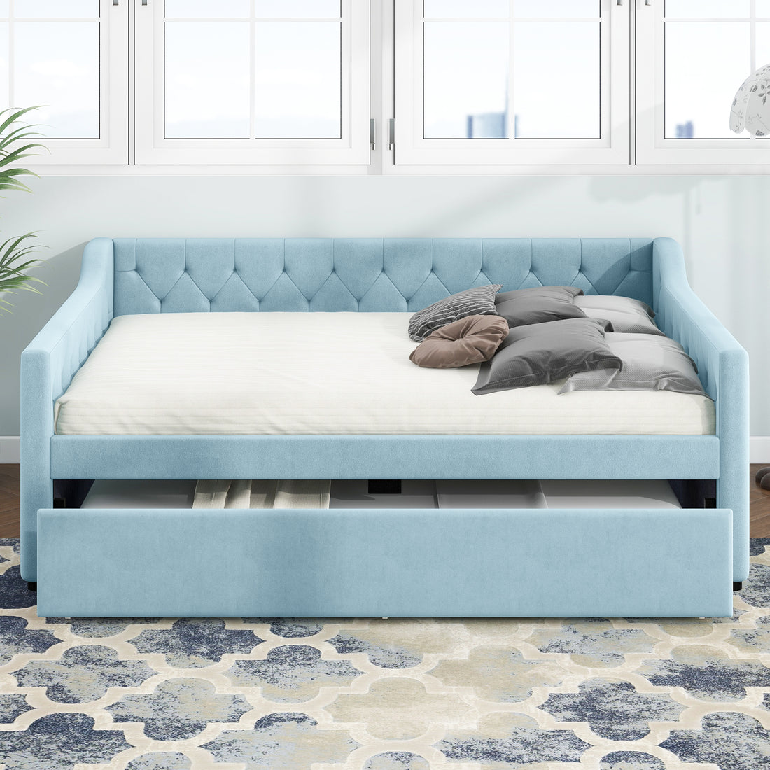 Full Size Upholstered Tufted Daybed With Twin Size Trundle, Blue Box Spring Not Required Full Blue Wood Daybeds Velvet Upholstered