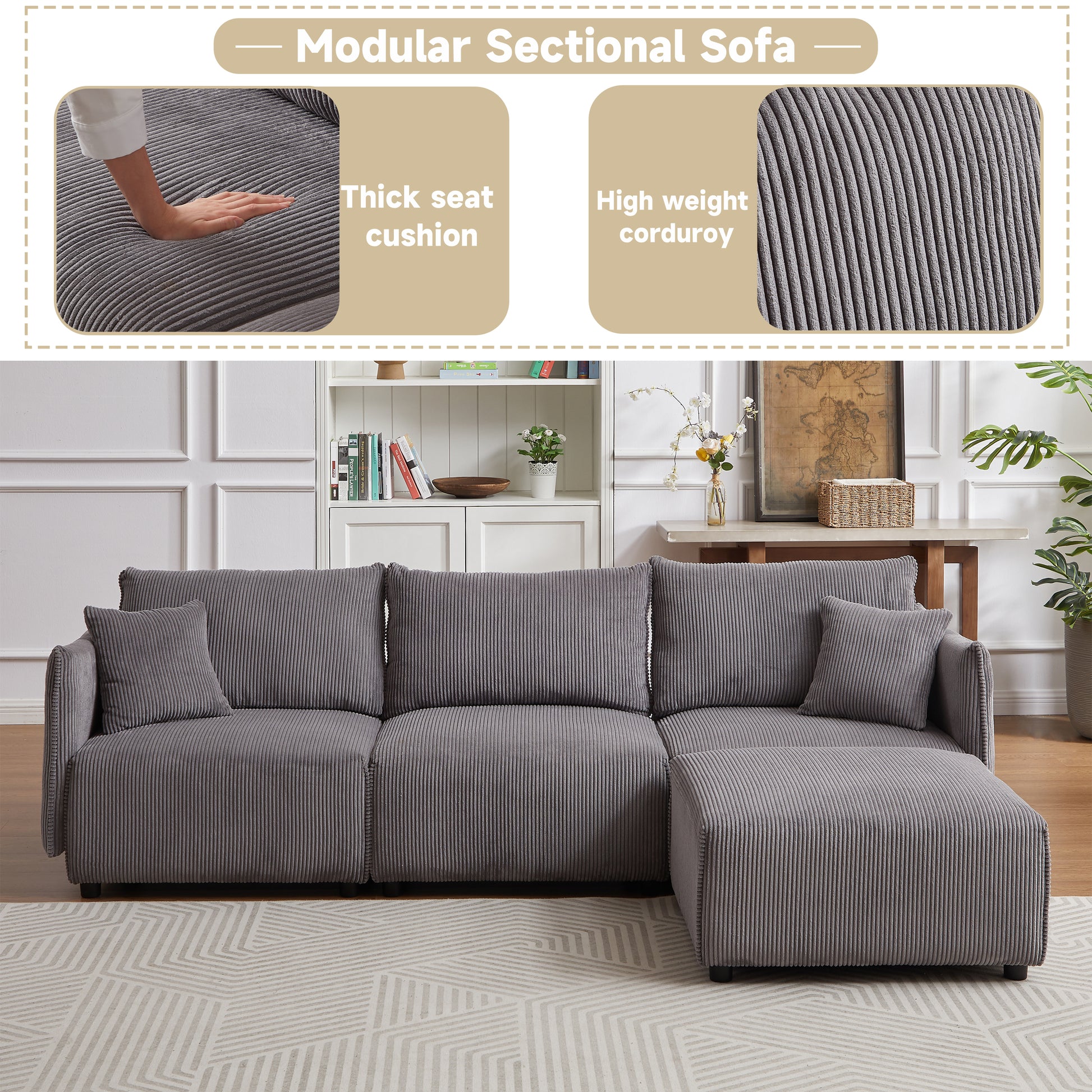 106" Multi Module Combination Style Sofa For Living Room, Bedroom And Other Lounge Spaces, Modern Minimalist Corduroy Combination Sofa With 2 Comfort Cushions With Usb & C Charging Ports Gray Gray Foam Fabric 4 Seat