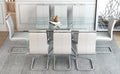 Table And Chair Set.Modern Luxurious Transparent Tempered Glass Dining Table Set.Paried With 8 Light Gray Chairs With Pu Cushion And Silver C Tube Metal Legs. Light Gray,Transparent Seats 8 Glass