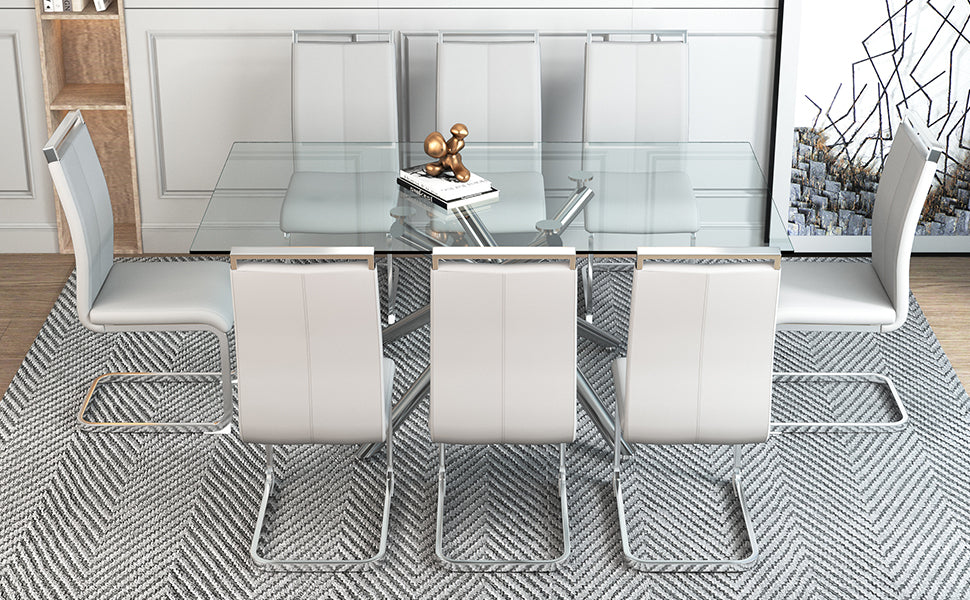 Table And Chair Set.Modern Luxurious Transparent Tempered Glass Dining Table Set.Paried With 8 Light Gray Chairs With Pu Cushion And Silver C Tube Metal Legs. Light Gray,Transparent Seats 8 Glass