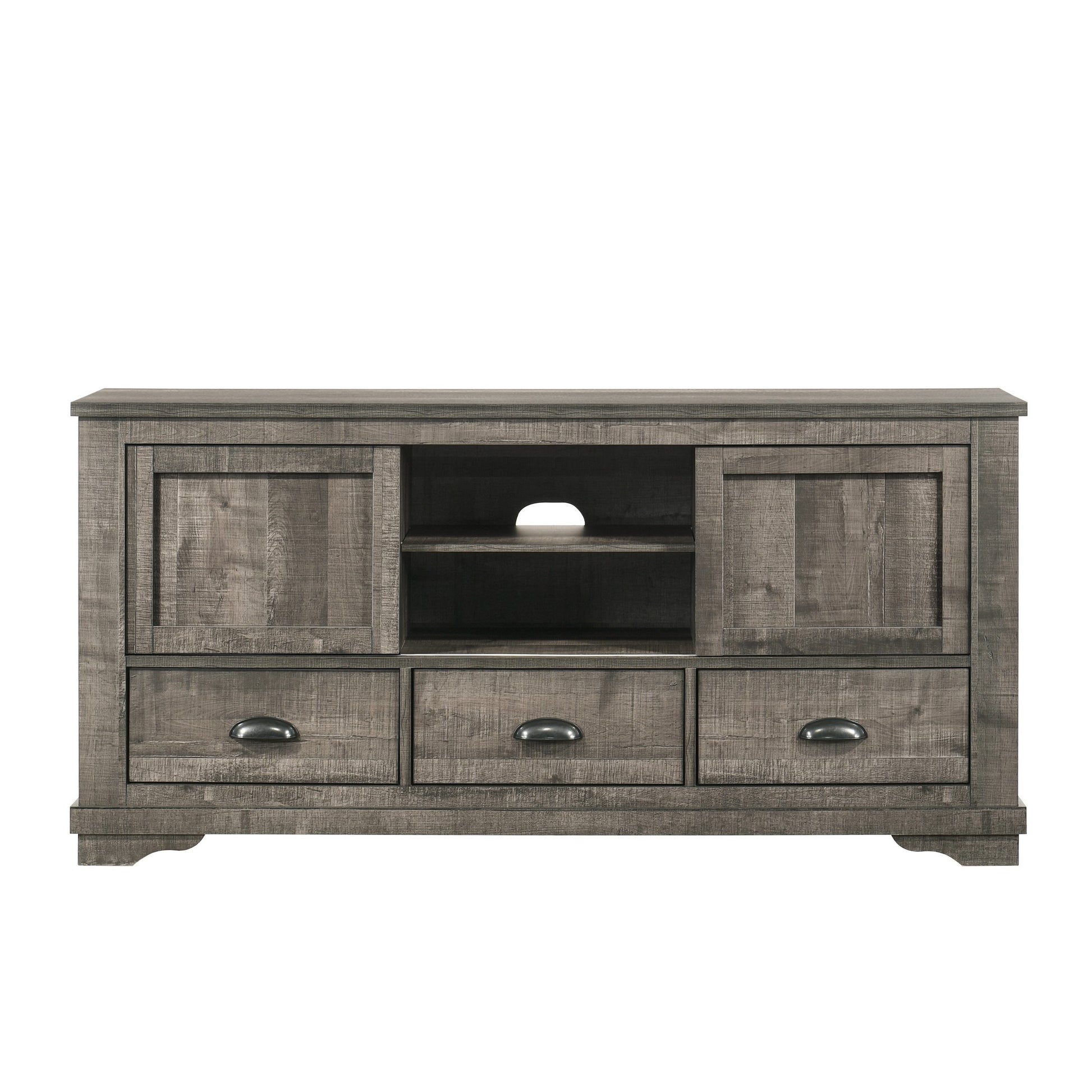 63 Inch Tv Entertainment Console, 2 Cabinets And Shelves, 3 Drawers, Gray Gray Wood Metal