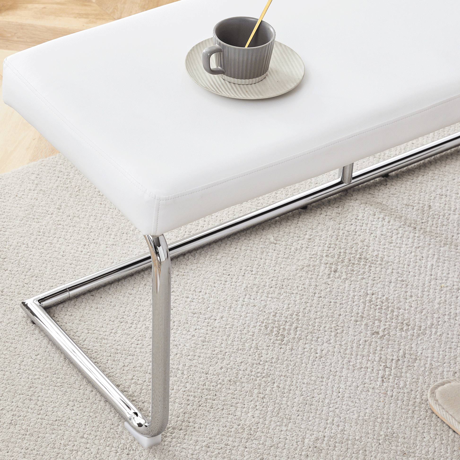 Table And Chair Set. Large Modern Rectangular Table With White Textured Top And Silver Metal Legs. Soft And Comfortable Pu Seats, Faux Leather Upholstered Seats And Sturdy Metal Legs. White Mdf Metal