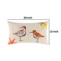 Vira 20 Inch Throw Pillow, Hand Embroidered Shorebirds, Canvas And Linen Multicolor Polyester