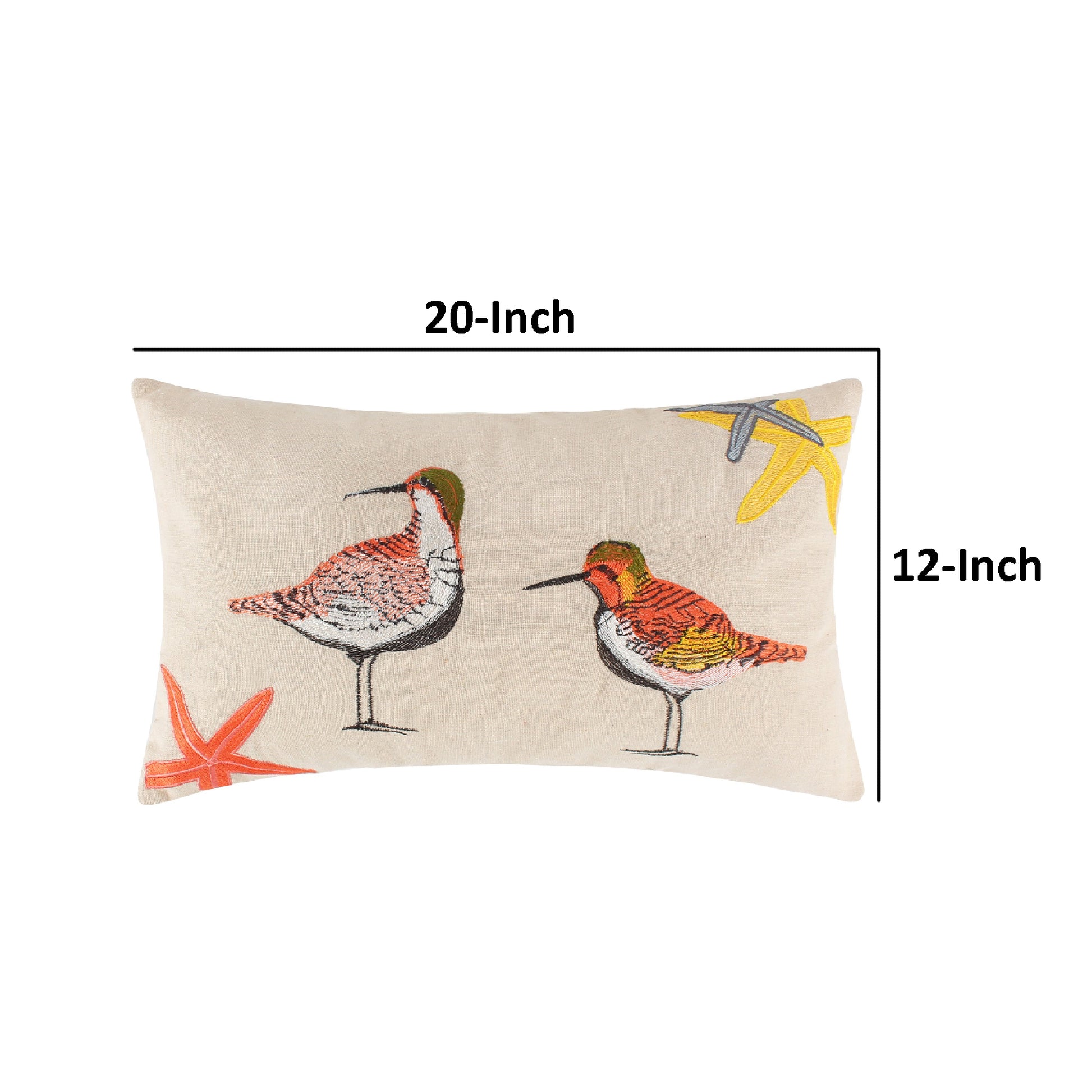 Vira 20 Inch Throw Pillow, Hand Embroidered Shorebirds, Canvas And Linen Multicolor Polyester