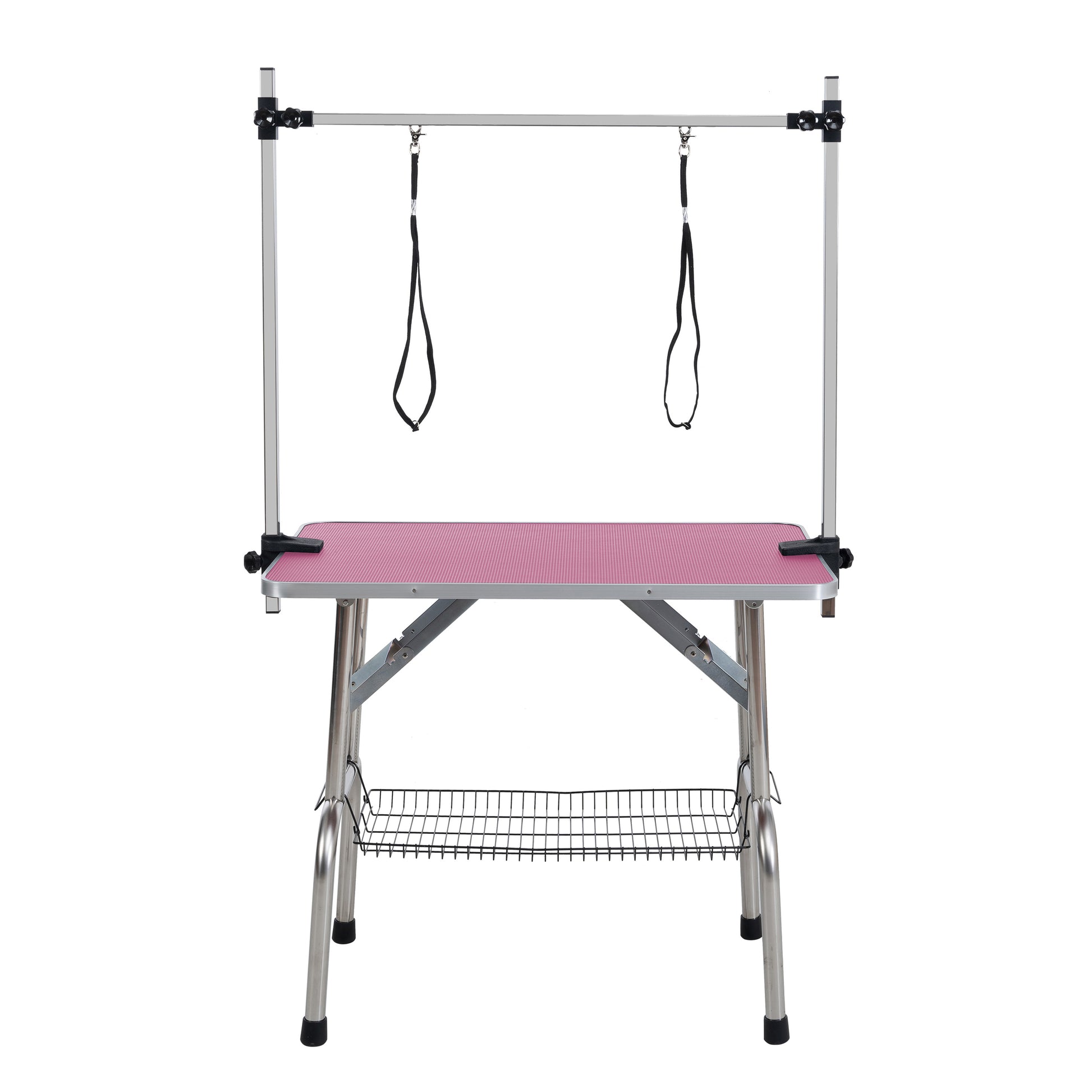 46" Folding Dog Pet Grooming Table Stainless Steel Frame Rubber Mat On Board With Adjustable Arm And Clamps Pet Dog Cat Grooming Table Pink Color Pink Rubber Stainless Steel