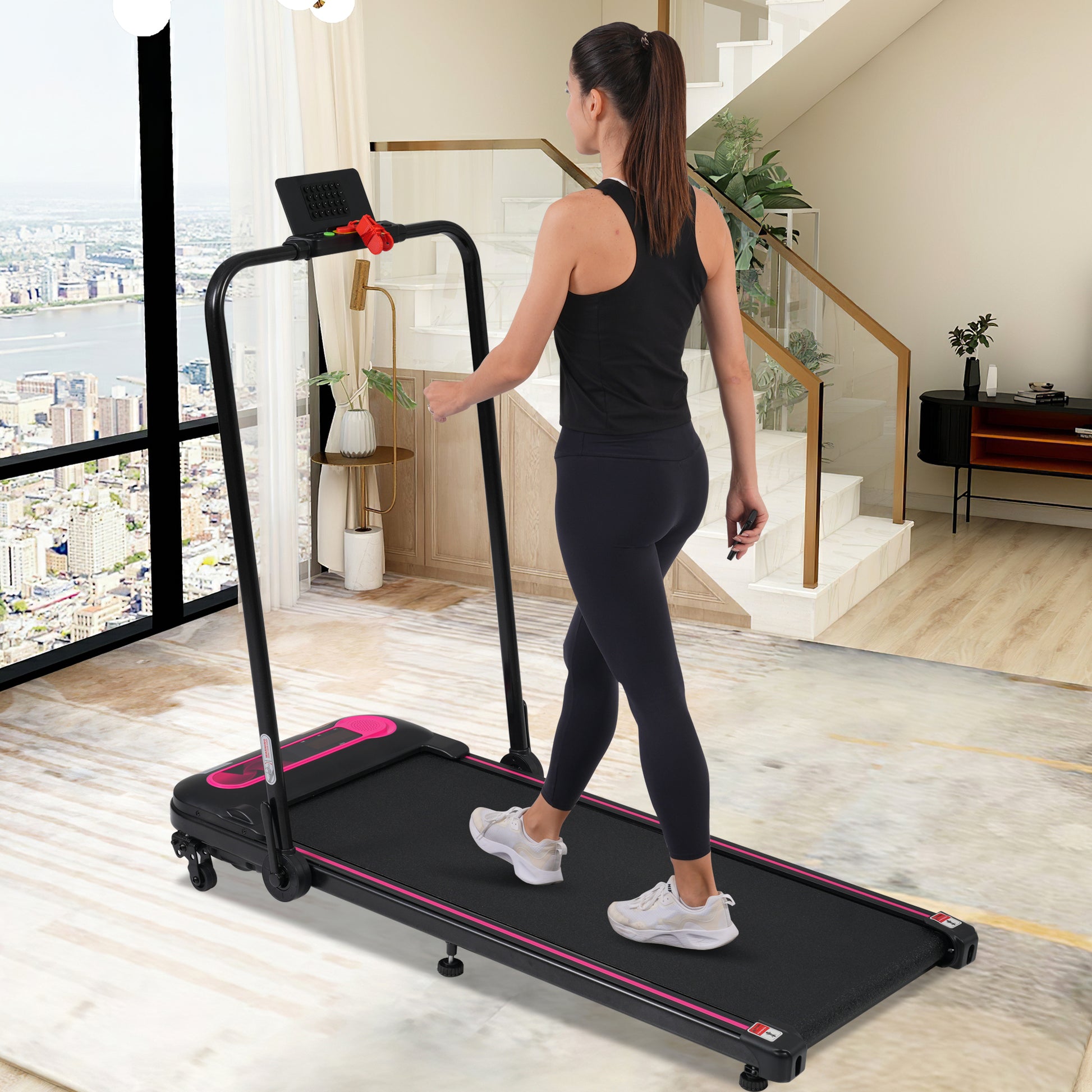 Folding Walking Pad Under Desk Treadmill For Home Office 2.5Hp Walking Treadmill With Incline 0.5 7.5Mph 300Lbs Capacity Treadmill For Walking Running Two Ways To Adjust Speed Indoor Fitness Pink