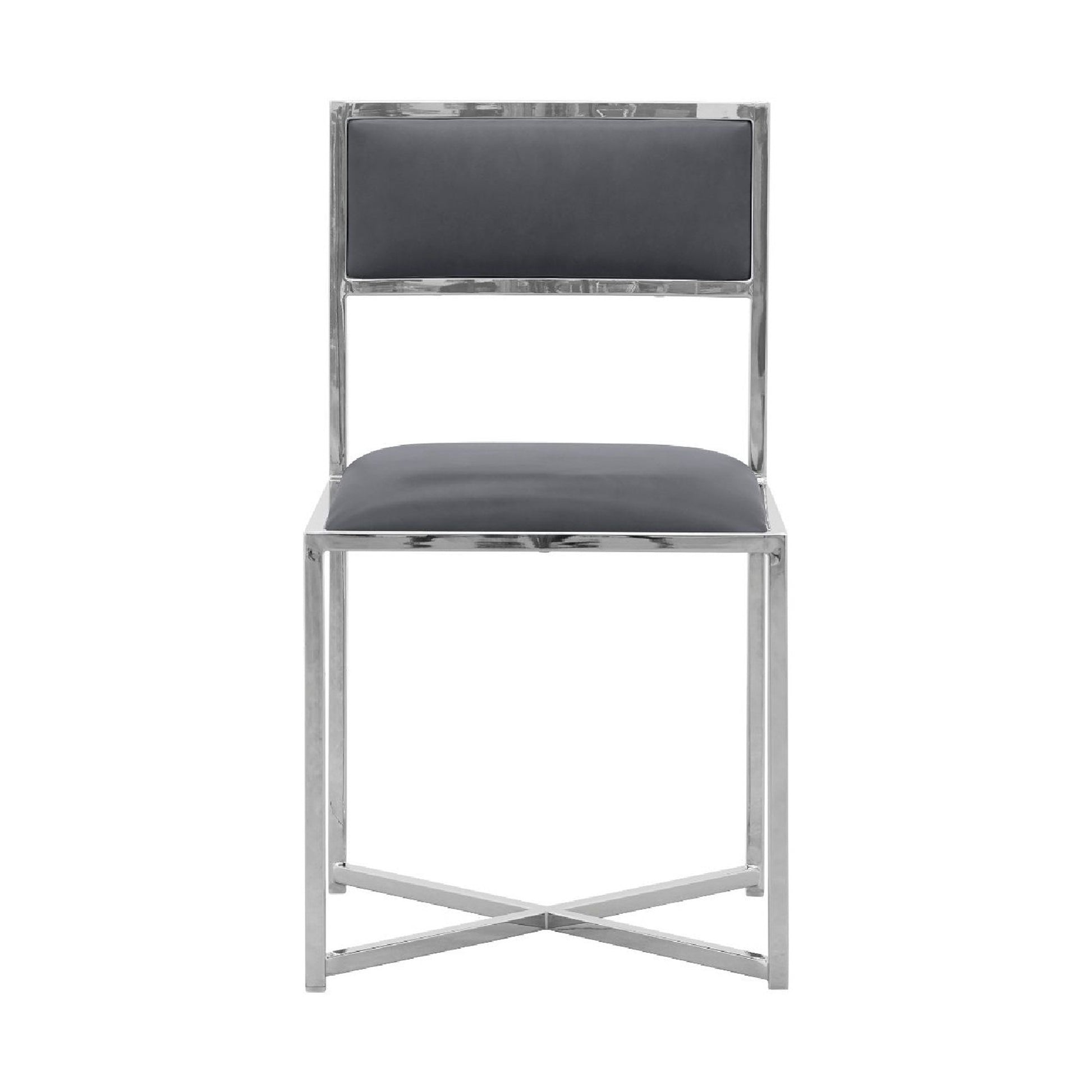 Eun 20 Inch Faux Leather Dining Chair, Chrome Base, Set Of 2, Dark Gray Gray Metal