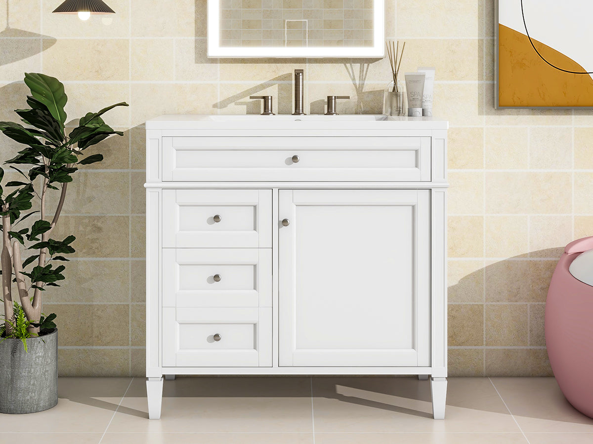 36'' Bathroom Vanity With Top Sink, Modern Bathroom Storage Cabinet With 2 Drawers And A Tip Out Drawer, Single Sink Bathroom Vanity White Bathroom Solid Wood Mdf Ceramic,Solid Wood Mdf