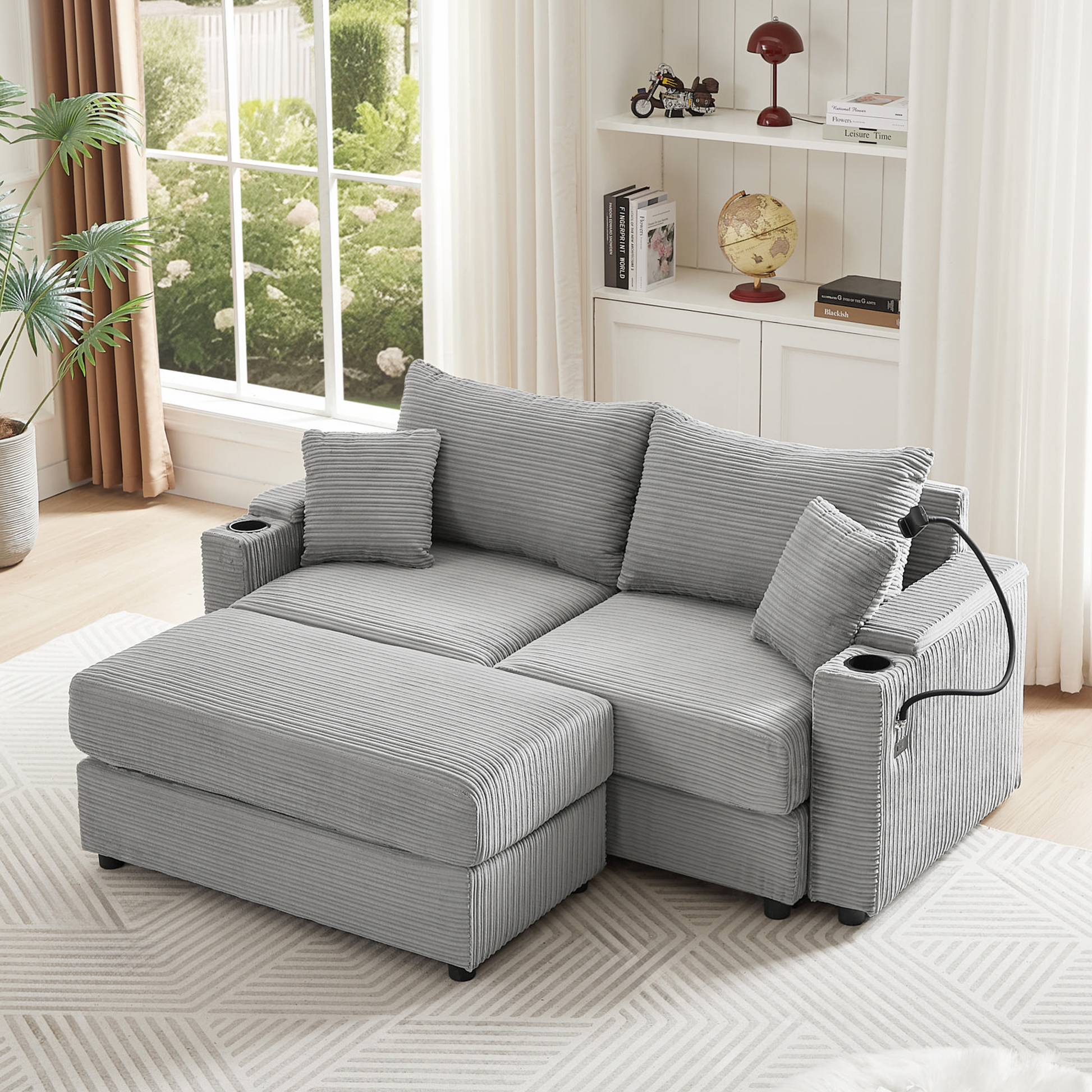 72.8" Modern Style Loveseat Sofa Sectional Sofa Couch With Storage Space, A Movable Ottoman, Two Usb Ports, Two Cup Holders, A Phone Holder For Living Room, Gray Gray Foam Corduroy 3 Seat