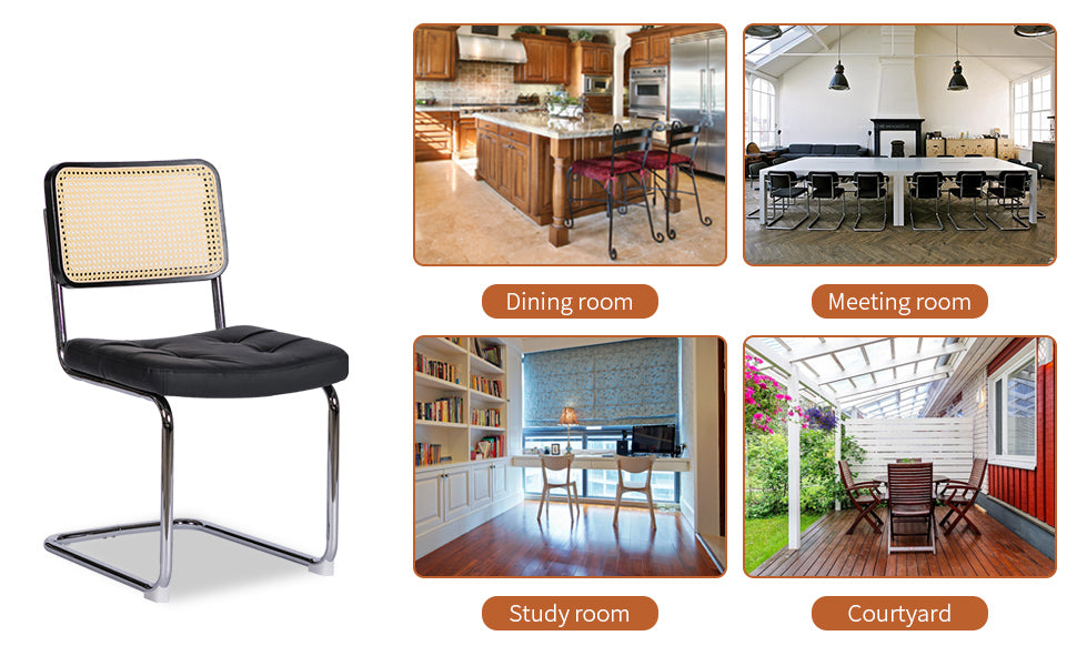 Dining Chairs Set Of 2, Fauex Leather Rattan Side Accent Chairs With Chrome Legs, Modern Mid Century Breuer Designed Chairs, Upholstered Dining Living Room Kitchen Chairs Black 2Pcs Black Faux