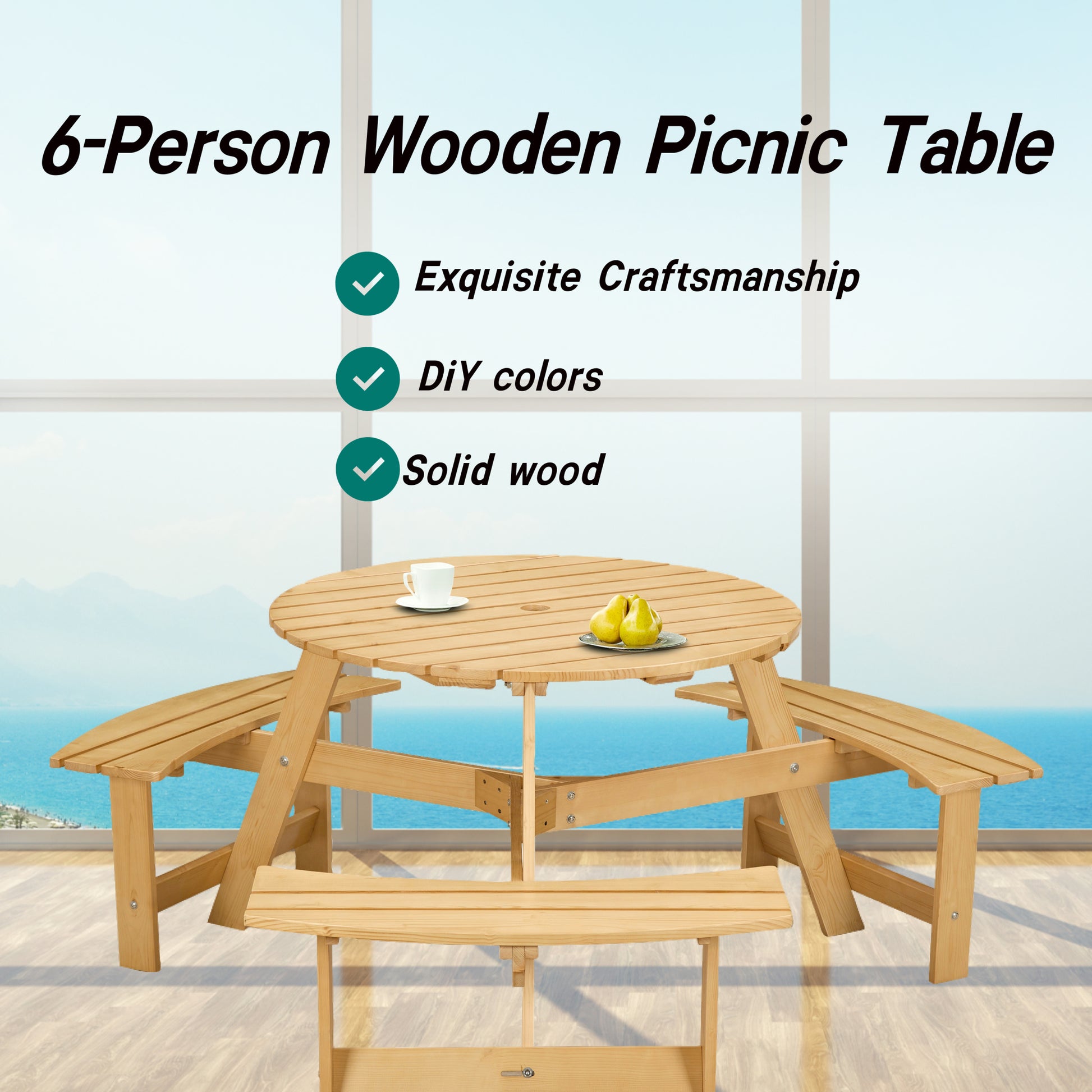 Outdoor 6 Person Picnic Table, 6 Person Round Picnic Table With 3 Built In Benches, Umbrella Hole, Outside Table And Bench Set For Garden, Backyard, Porch, Patio, Natural Natural Wood Metal