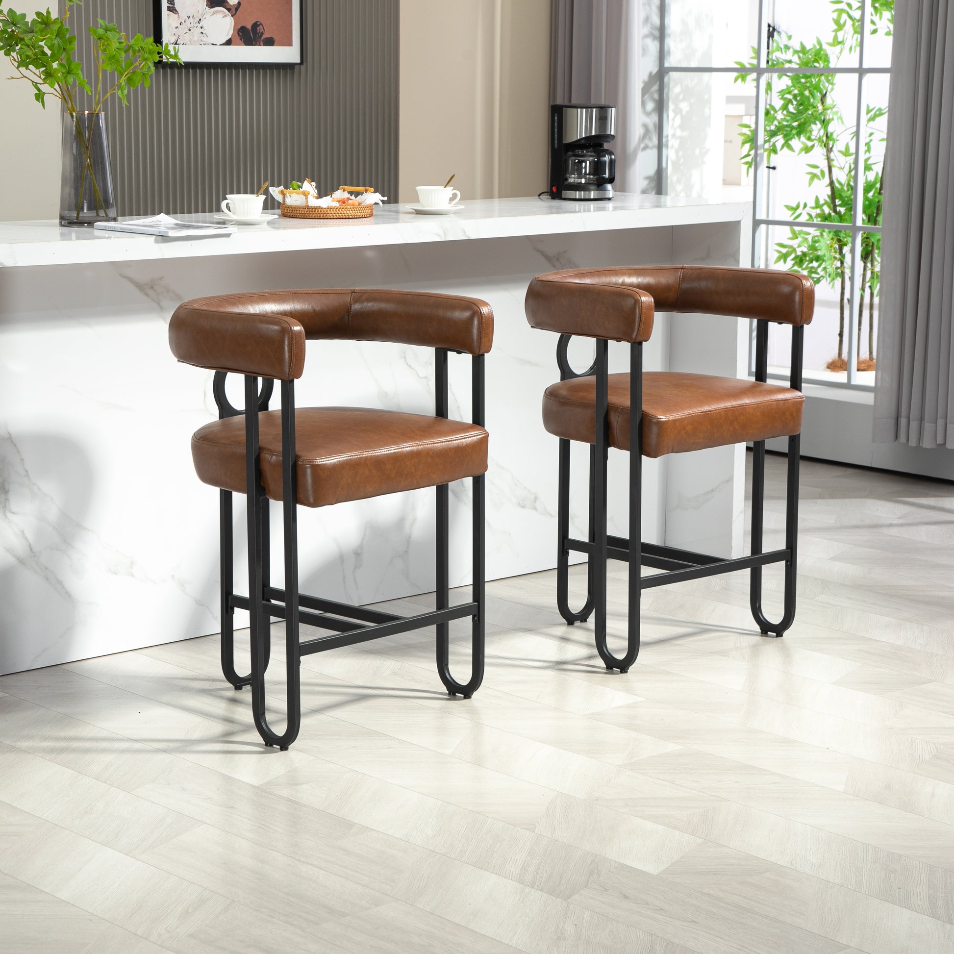 Coolmore Bar Stools Set Of 2, Modern Bar Stool With Back, Black Metal Frames, Upholstered Bar Stools For Kitchen Island, Pub, Club Light Brown Pu Light Brown Dining Room Foam Pu Leather