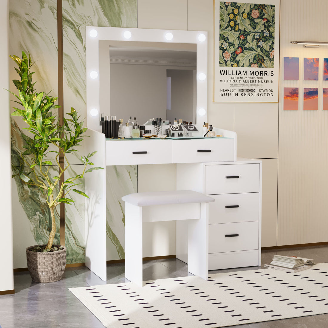 White Color Adjustable Dressing Table With 4 Drawers Matte White White Drawer 5 Drawers & Above Bedroom Extra Deep Drawers Modern 2 Or Less Poplar Mirror Included White Particle Board Mdf